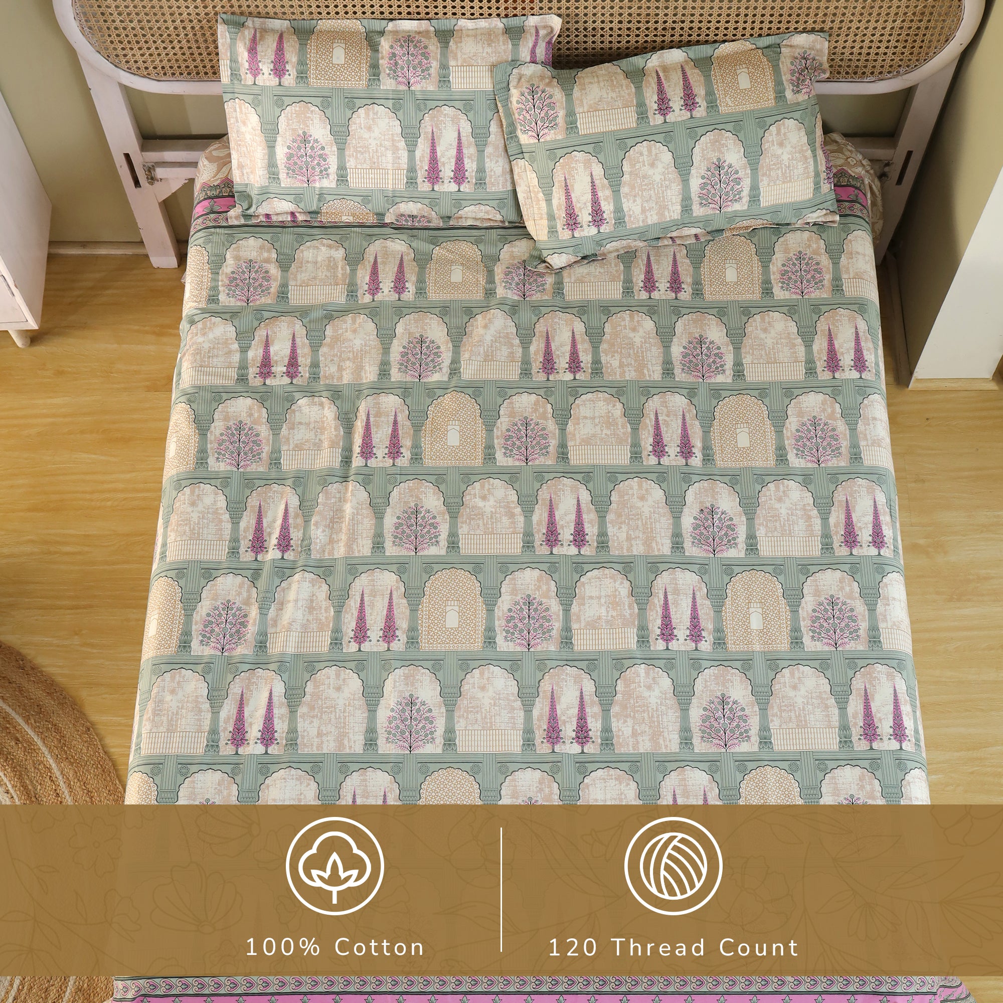 Jaipur Bagh King Bedsheet with 2 Pillow Covers 100% Cotton 120 TC Jharokha Blue Gold Print