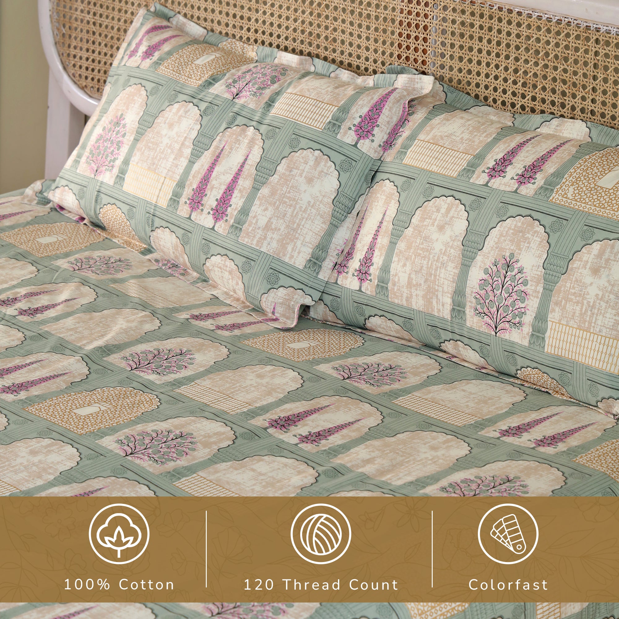 Jaipur Bagh Queen Fitted Sheet with 2 Pillow Covers 100% Cotton 120 TC Jharokha Blue Gold Print