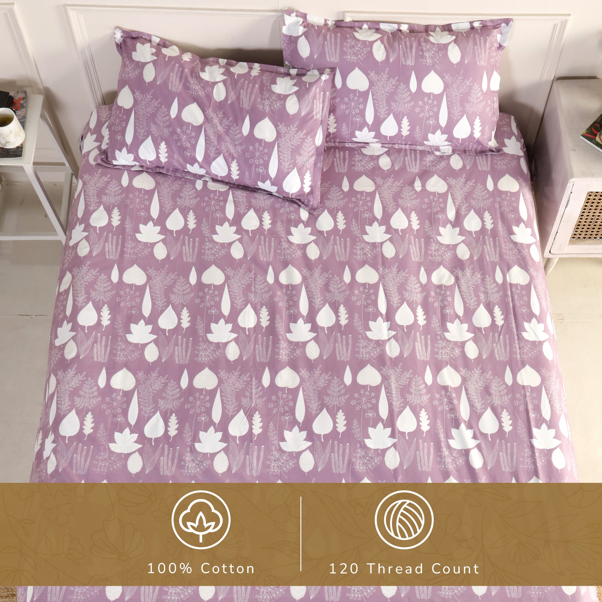 Jaipur Bagh King Bedsheet with 2 Pillow Covers 100% Cotton 120 TC Simple Floral Purple