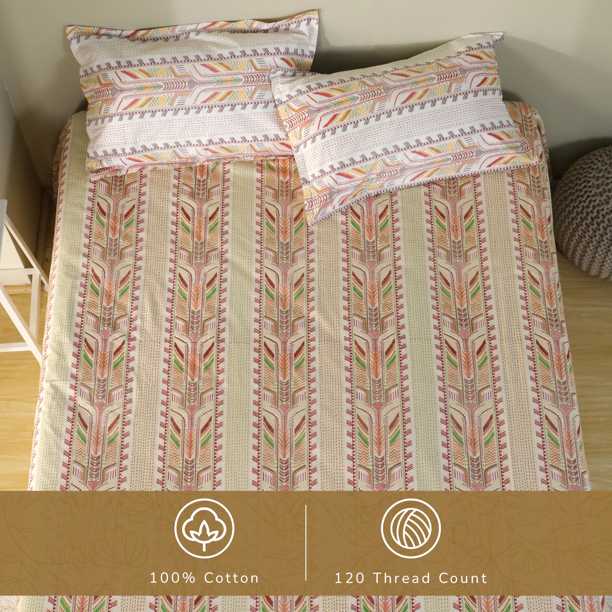 Jaipur Bagh King Bedsheet with 2 Pillow Covers 100% Cotton 120 TC Kantha Stitch Red