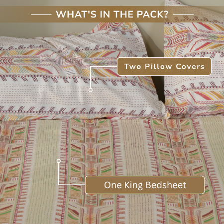 Jaipur Bagh King Bedsheet with 2 Pillow Covers 100% Cotton 120 TC Kantha Stitch Red