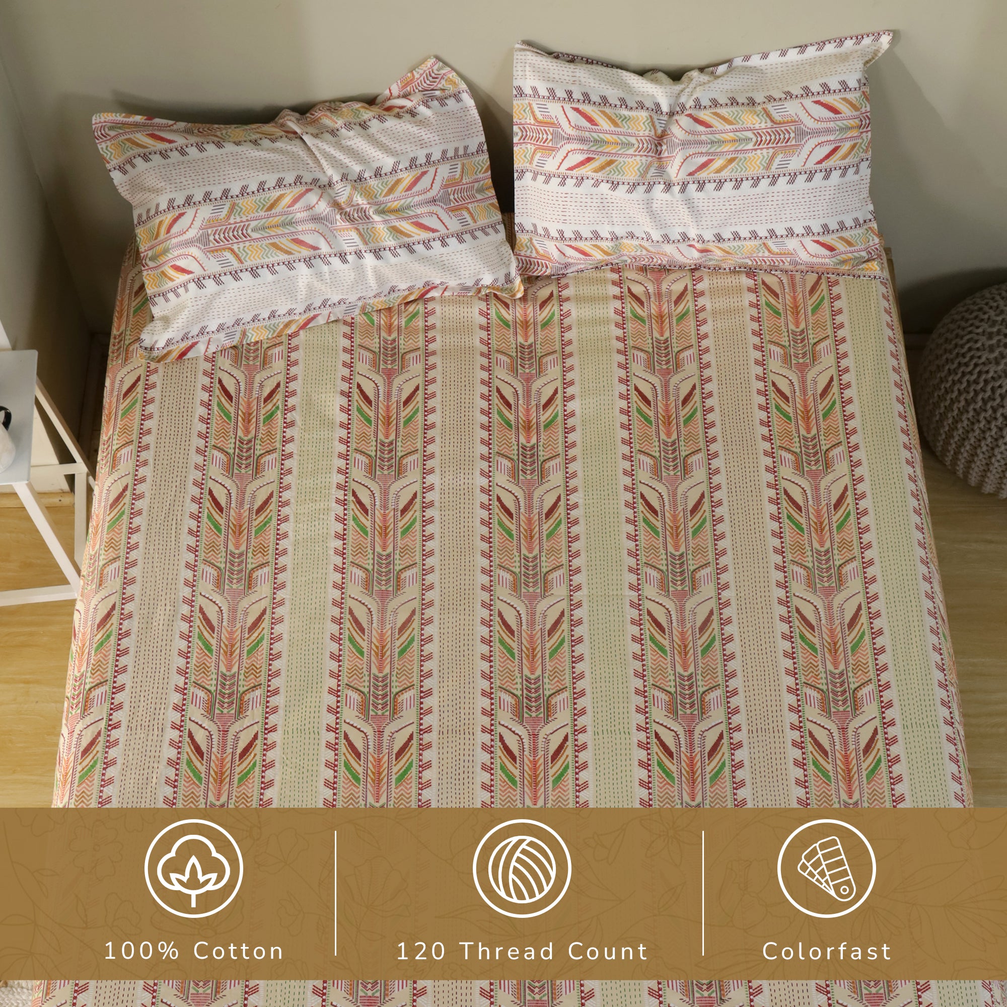 Jaipur Bagh King Fitted Sheet with 2 Pillow Covers 100% Cotton 120 TC Kantha Stitch Red