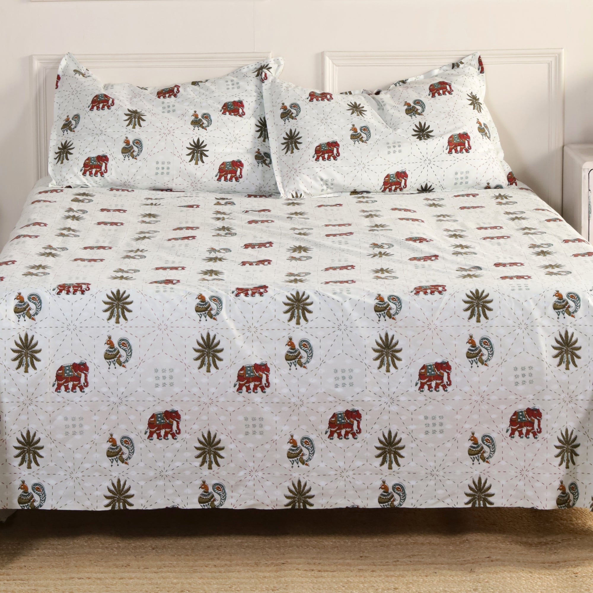 Jaipur Bagh King Bedsheet with 2 Pillow Covers 100% Cotton 120 TC Block Print Green