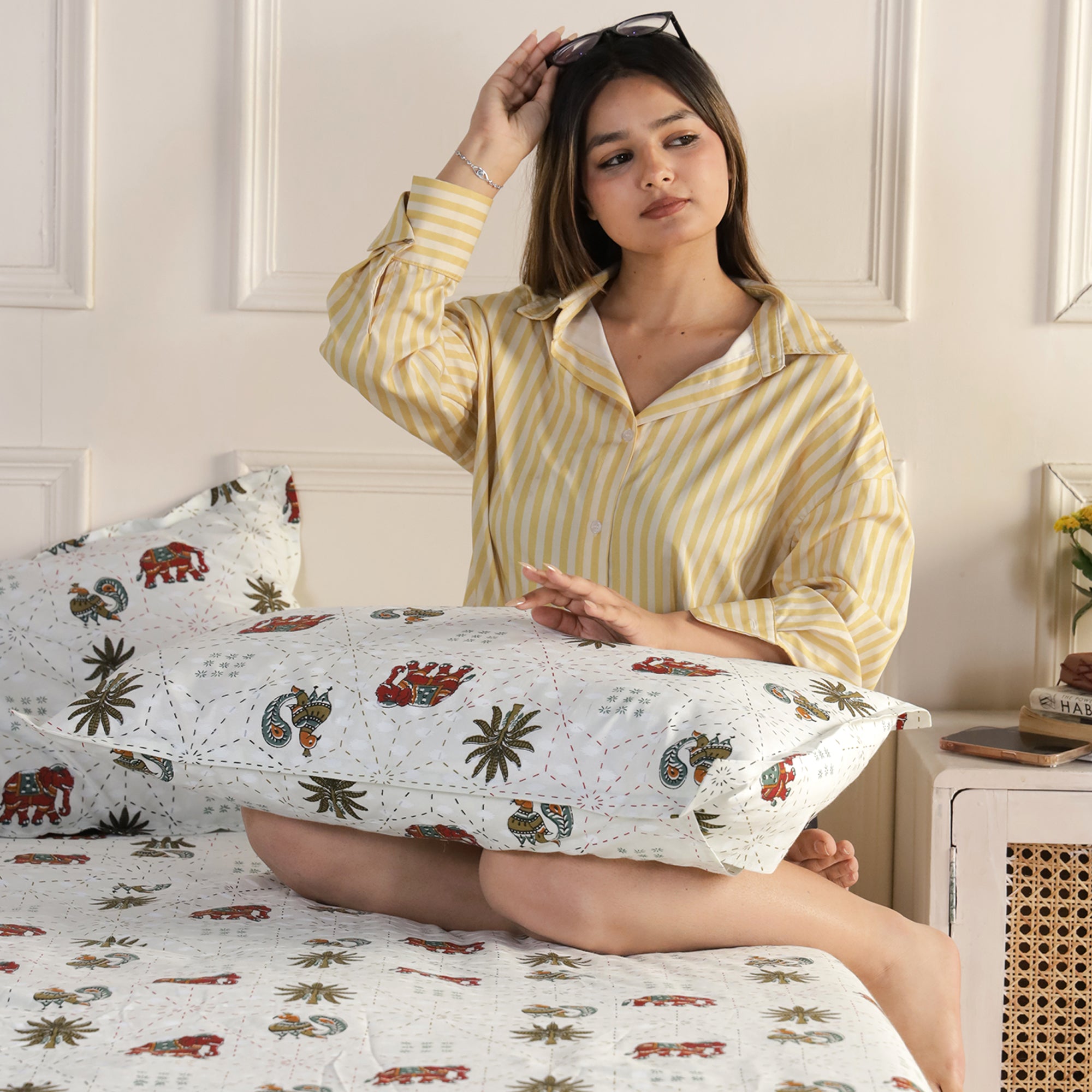Jaipur Bagh King Fitted Sheet with 2 Pillow Covers 100% Cotton 120 TC Block Print Green