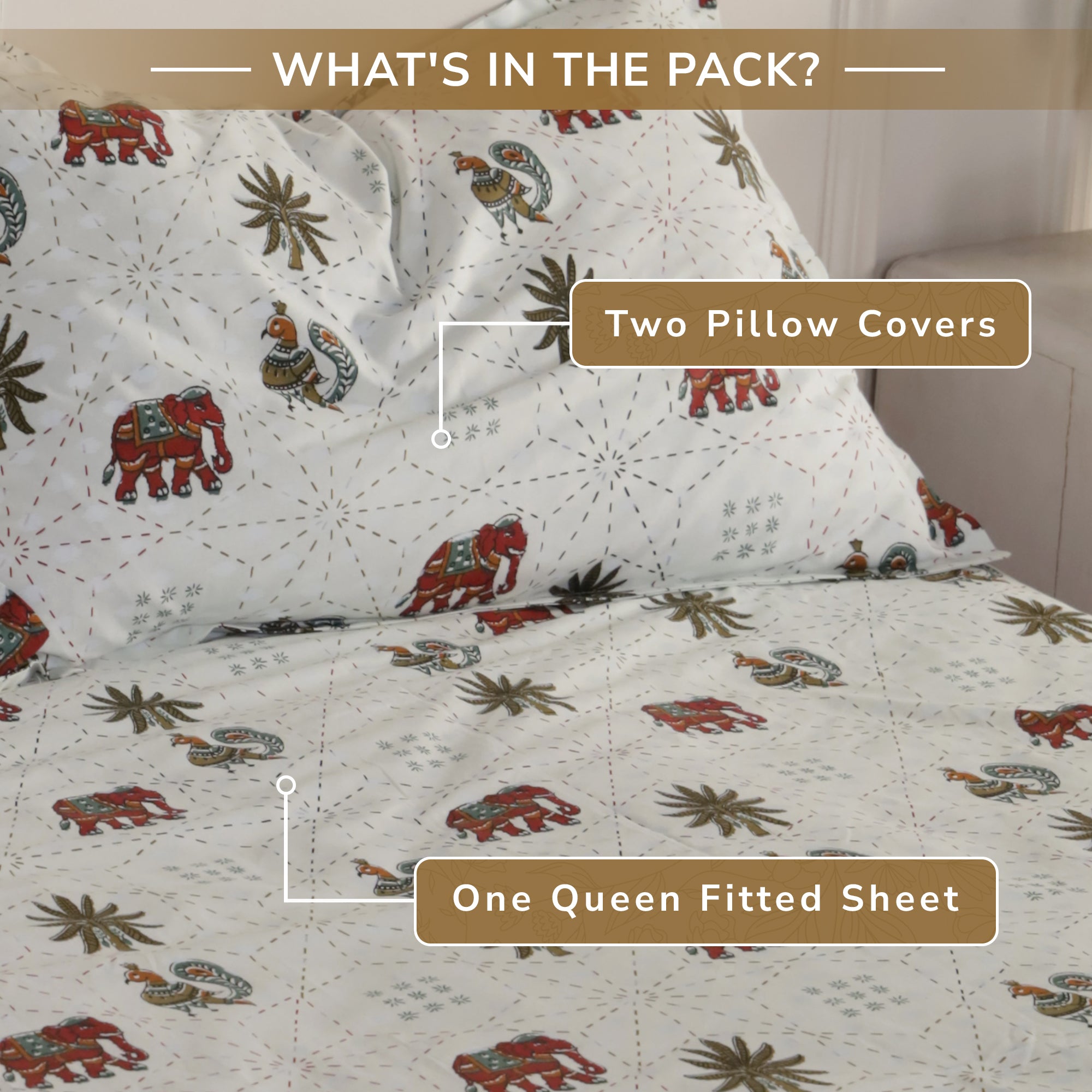 Jaipur Bagh Queen Fitted Sheet with 2 Pillow Covers 100% Cotton 120 TC Block Print Green