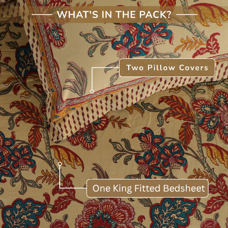 Jaipur Bagh King Fitted Sheet with 2 Pillow Covers 100% Cotton 120 TC Chartook Brown