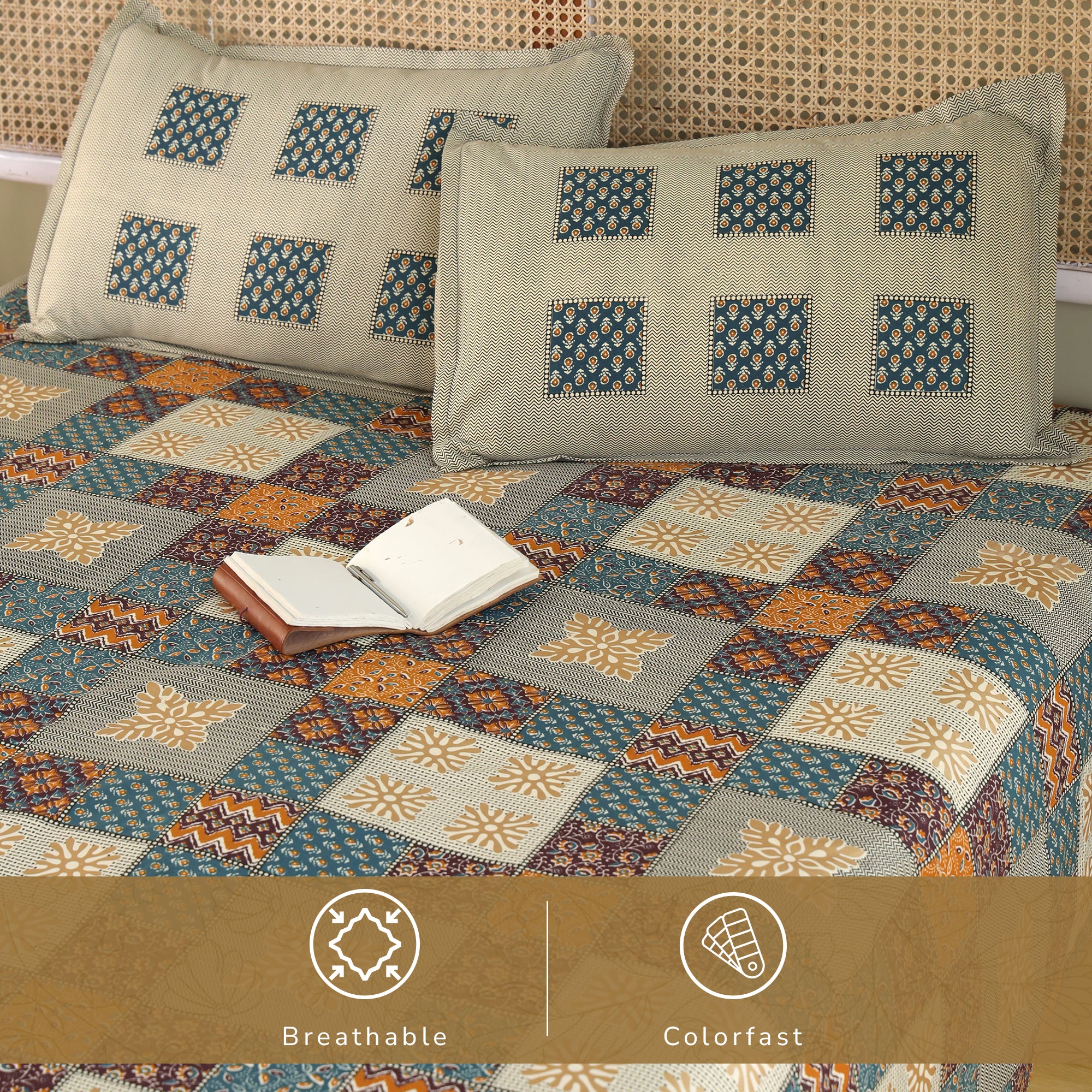 Jaipur Bagh King Bedsheet with 2 Pillow Covers 100% Cotton 120 TC Bagru Blue Gold Print