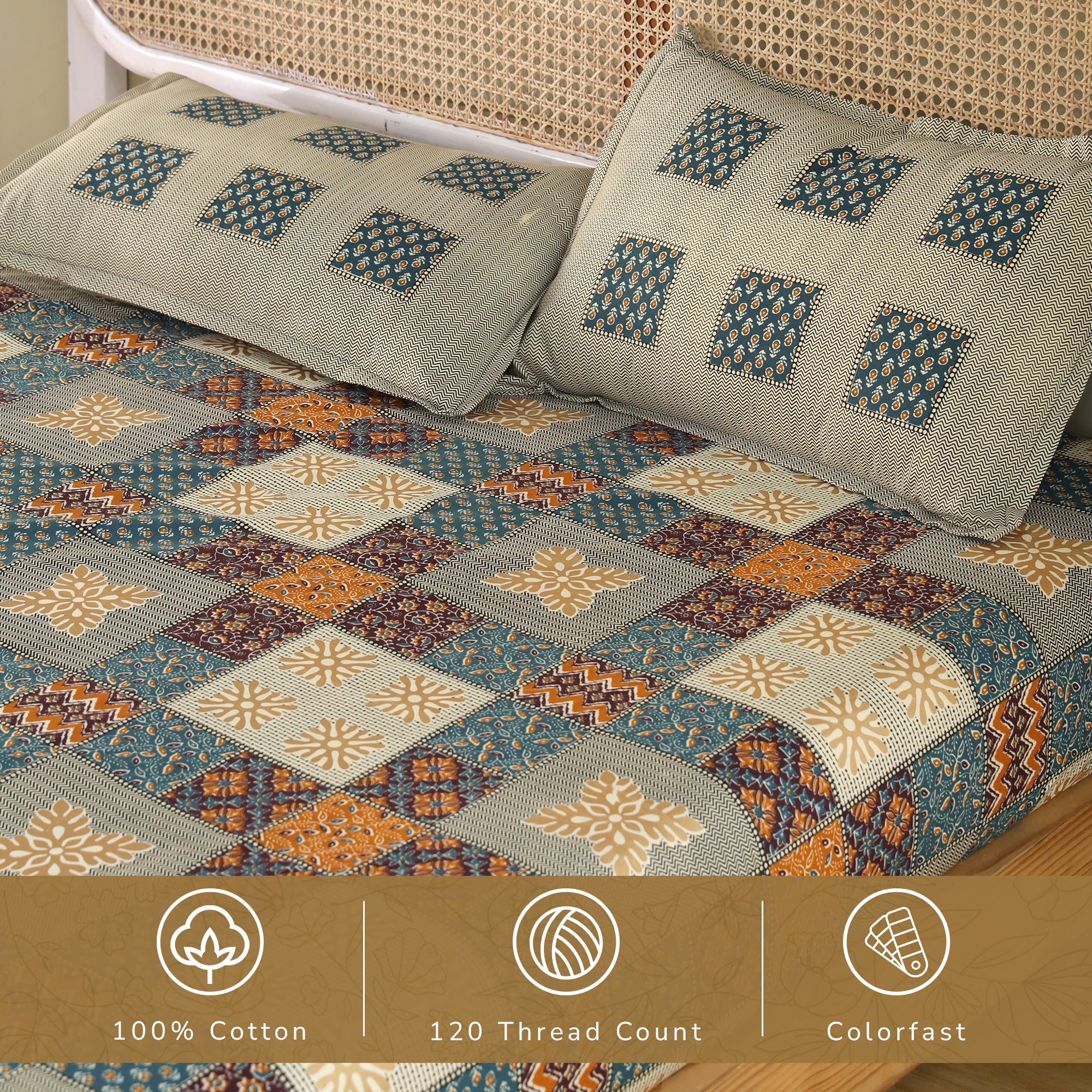 Jaipur Bagh King Fitted Sheet with 2 Pillow Covers 100% Cotton 120 TC Bagru Blue Gold Print
