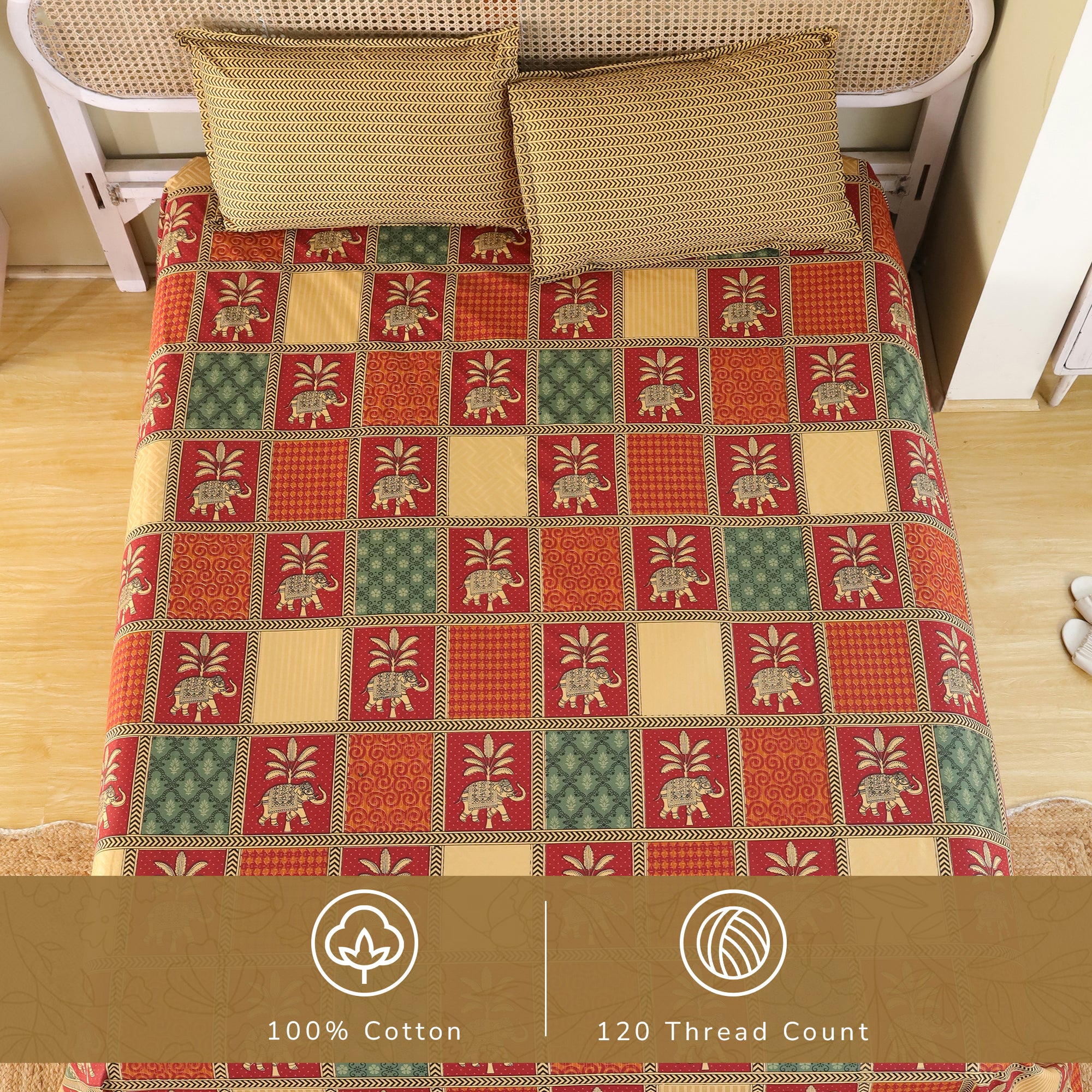 Jaipur Bagh King Bedsheet with 2 Pillow Covers 100% Cotton 120 TC Bagru Red Gold Print