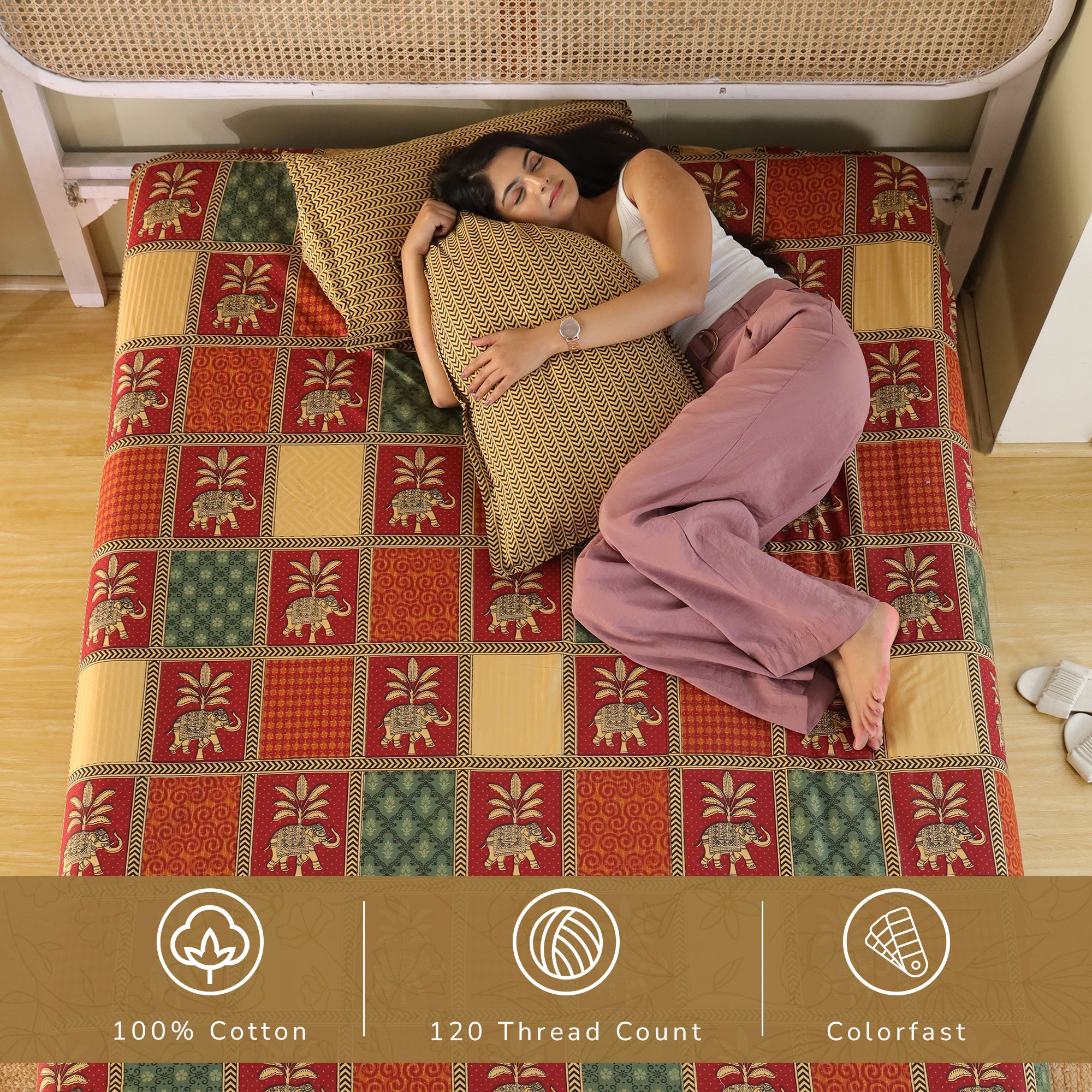 Jaipur Bagh Queen Fitted Sheet with 2 Pillow Covers 100% Cotton 120 TC Bagru Red Gold Print