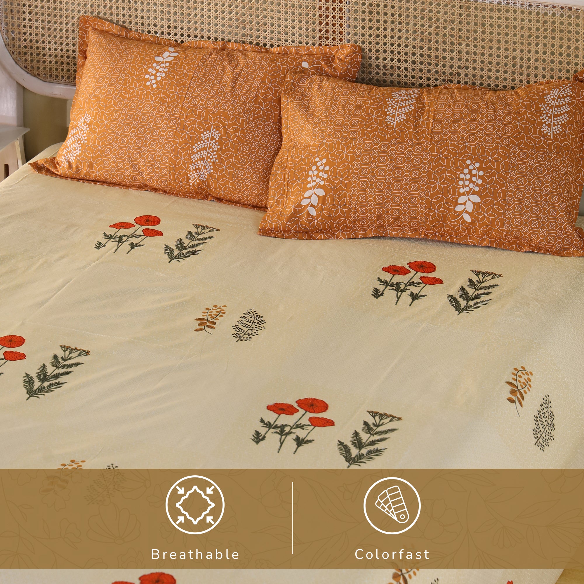 Jaipur Bagh King Bedsheet with 2 Pillow Covers 100% Cotton 120 TC Ethnic Block Yellow Khari Print