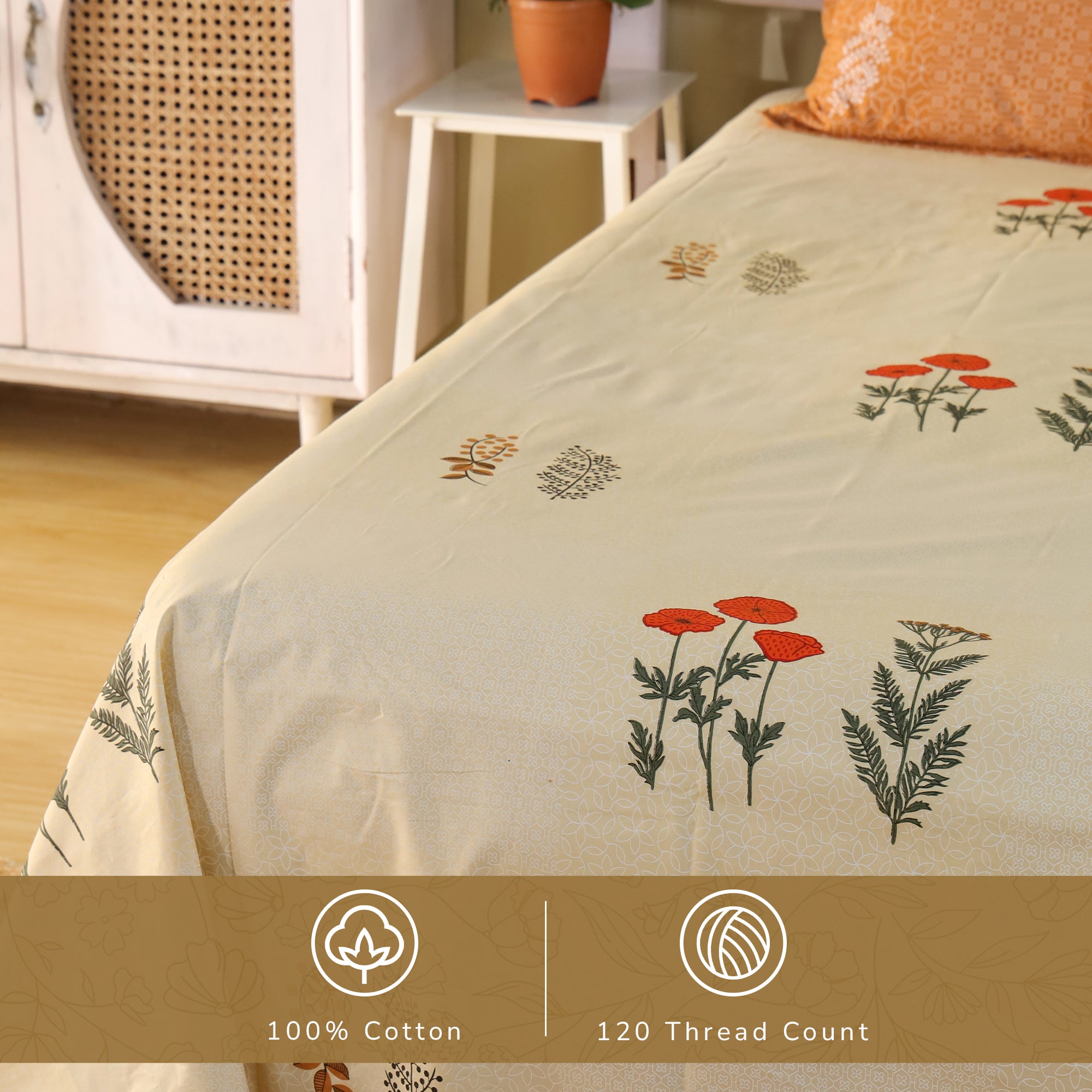 Jaipur Bagh King Bedsheet with 2 Pillow Covers 100% Cotton 120 TC Ethnic Block Yellow Khari Print