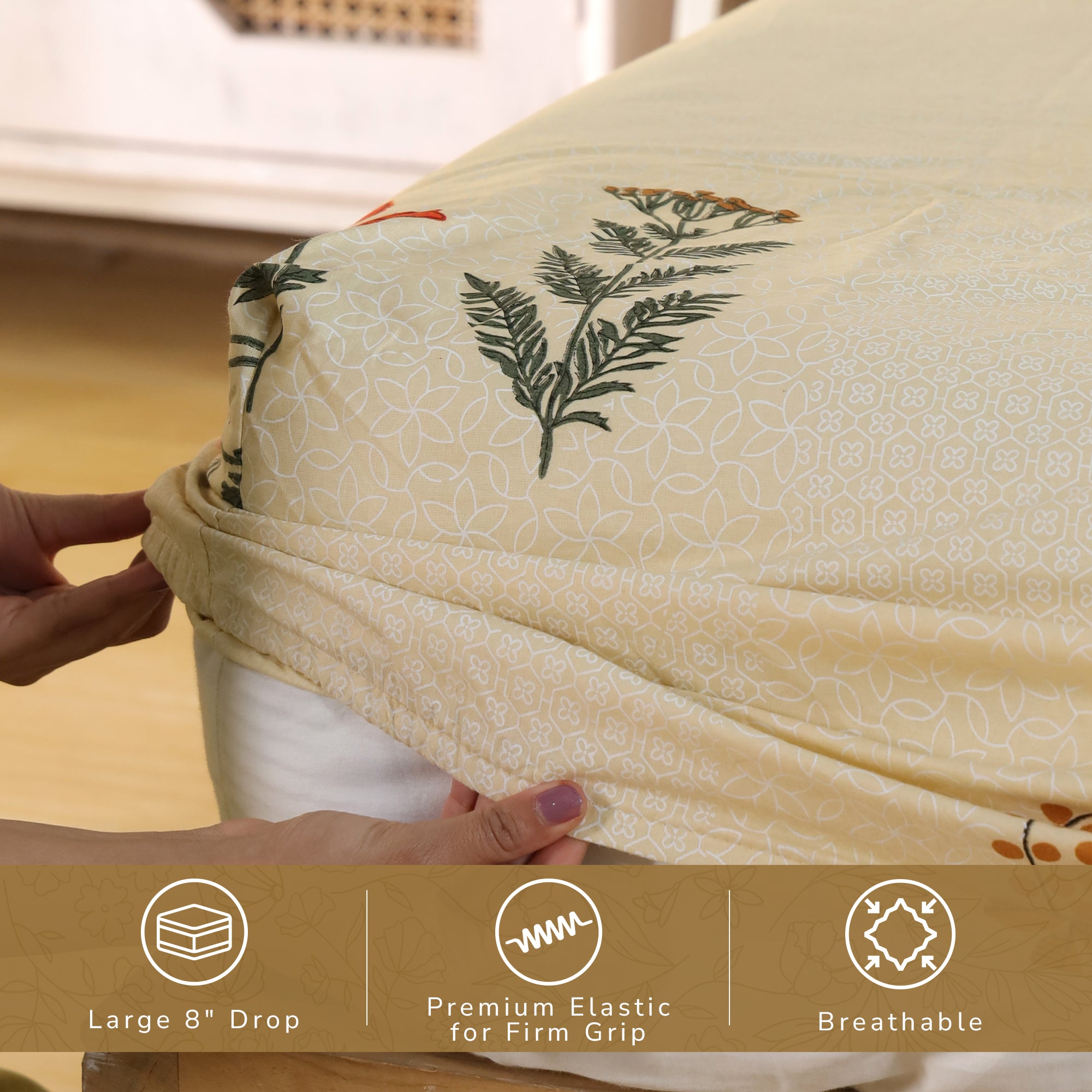 Jaipur Bagh King Fitted Sheet with 2 Pillow Covers 100% Cotton 120 TC Ethnic Block Yellow Khari Print