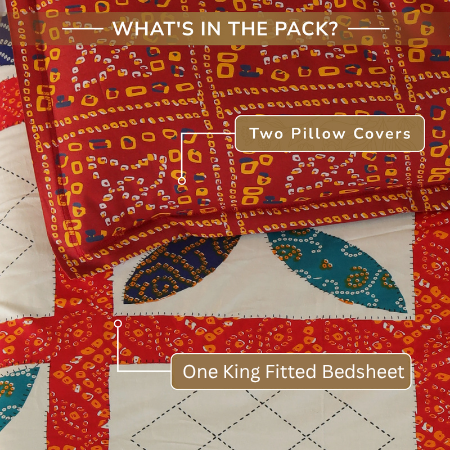 Jaipur Bagh King Fitted Sheet with 2 Pillow Covers 100% Cotton 120 TC Chunari Patch Red