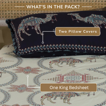 Jaipur Bagh King Bedsheet with 2 Pillow Covers 100% Cotton 120 TC Kashida Print Blue