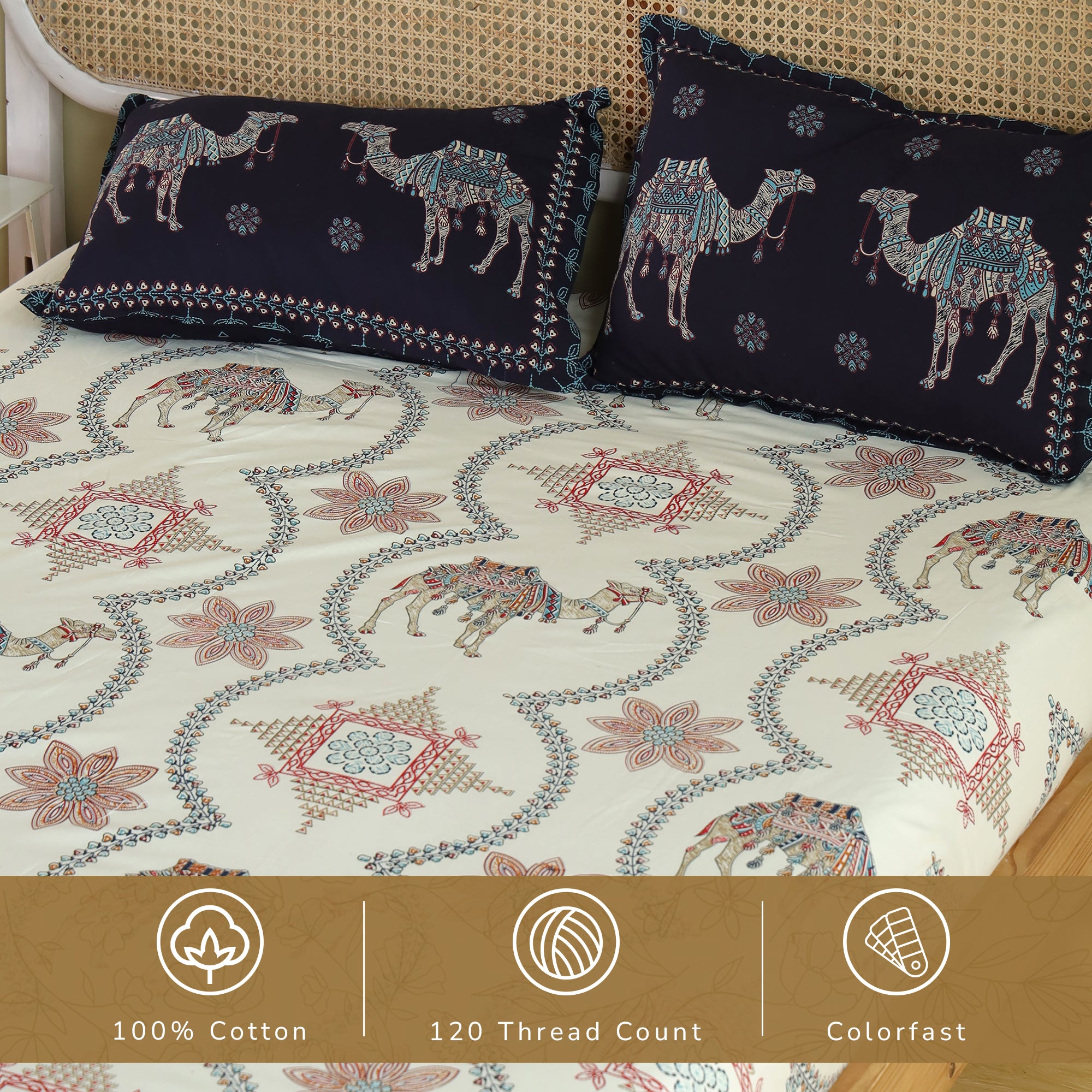 Jaipur Bagh King Fitted Sheet with 2 Pillow Covers 100% Cotton 120 TC Kashida Print Blue