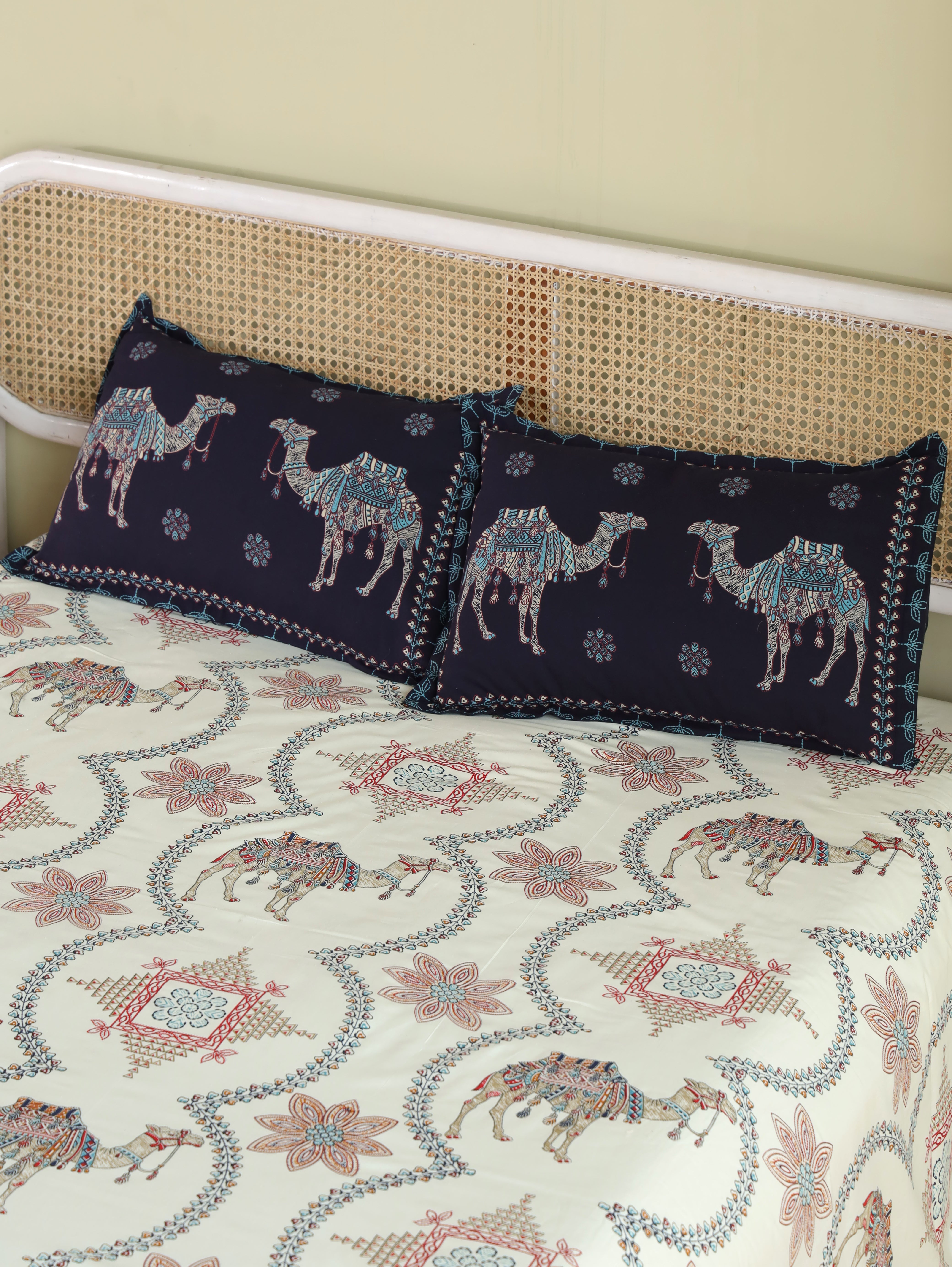 Jaipur Bagh Queen Fitted Sheet with 2 Pillow Covers 100% Cotton 120 TC Kashida Print Blue