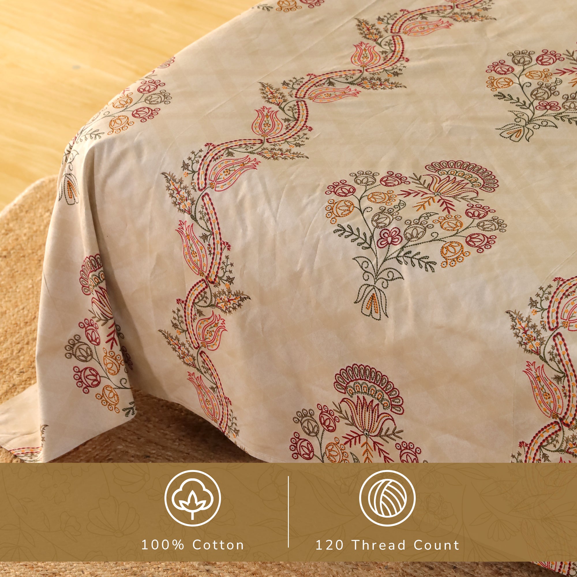 Jaipur Bagh King Bedsheet with 2 Pillow Covers 100% Cotton 120 TC Kashida Style Brown