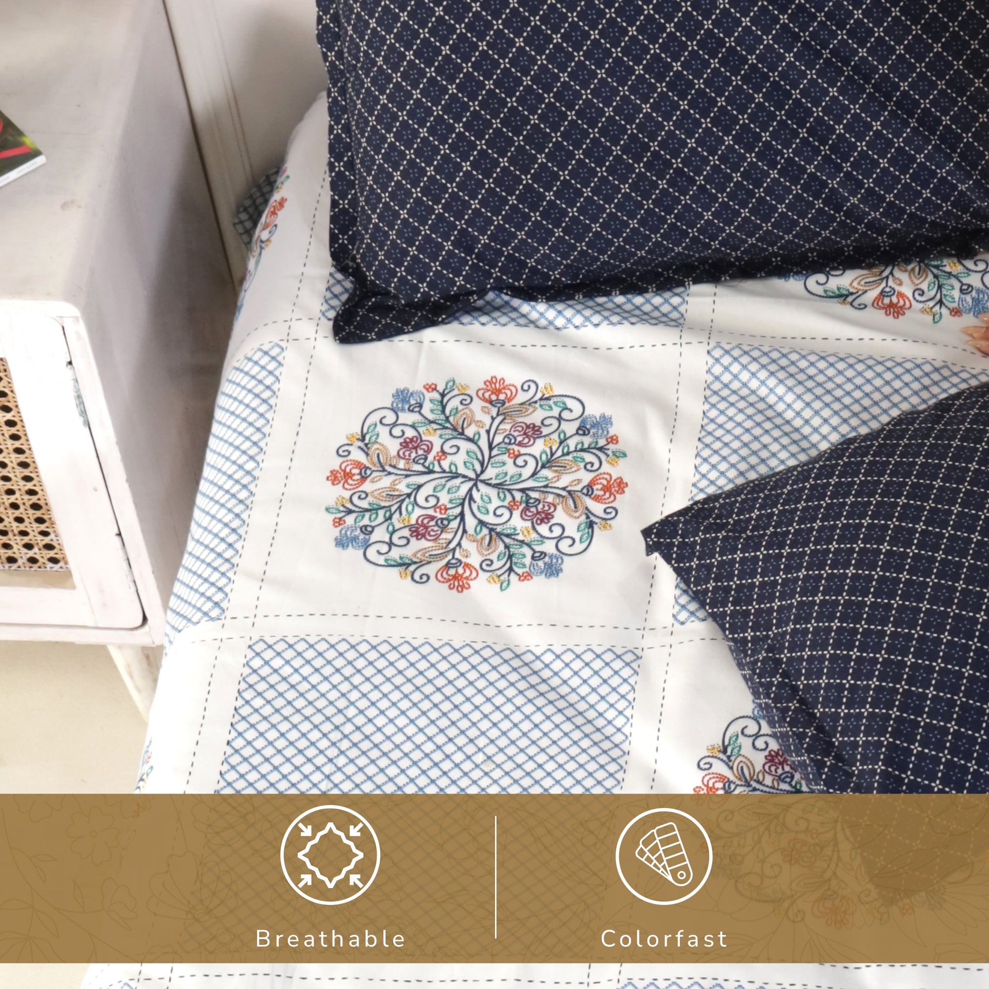 Jaipur Bagh King Bedsheet with 2 Pillow Covers 100% Cotton 120 TC Embroydiery Print Blue