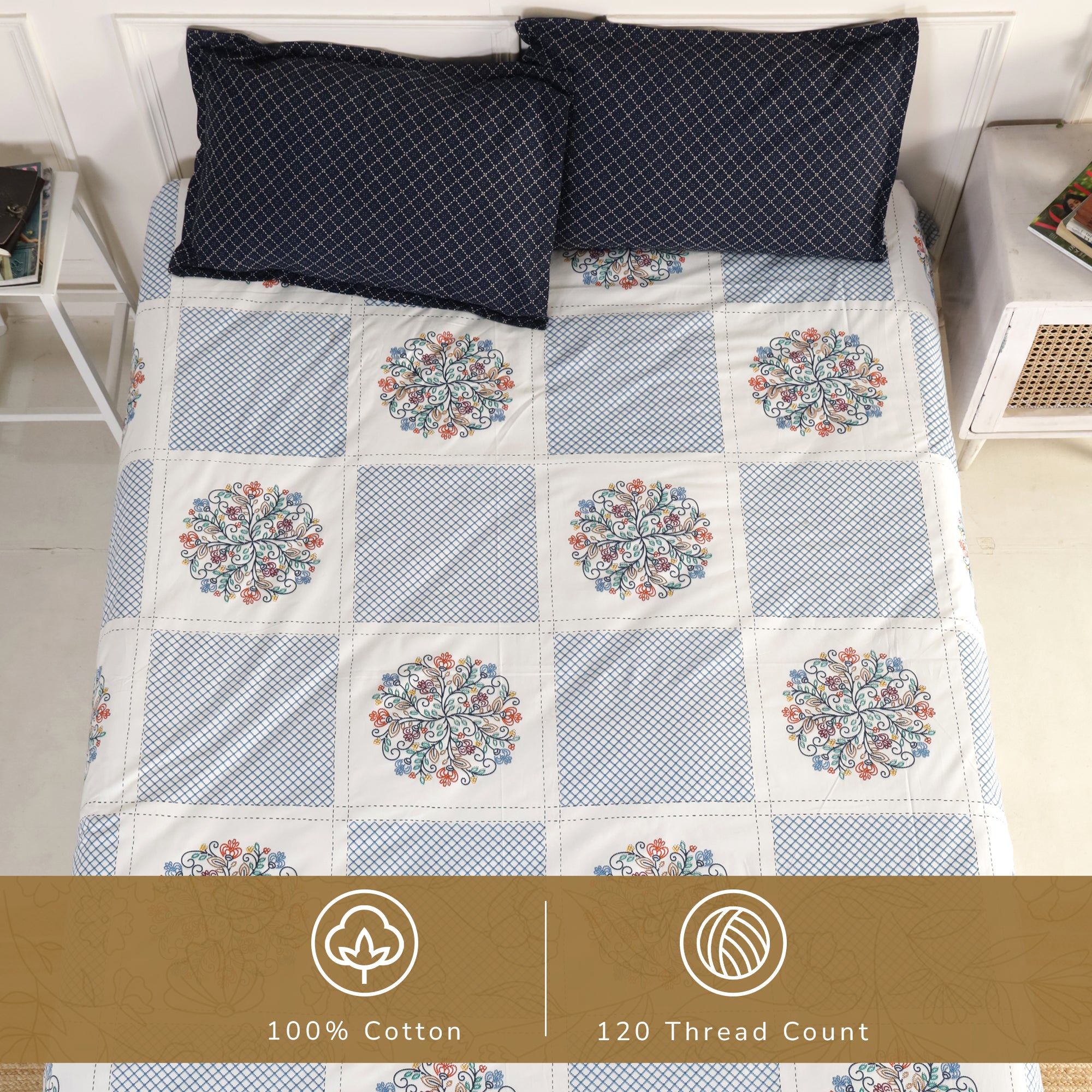 Jaipur Bagh King Bedsheet with 2 Pillow Covers 100% Cotton 120 TC Embroydiery Print Blue