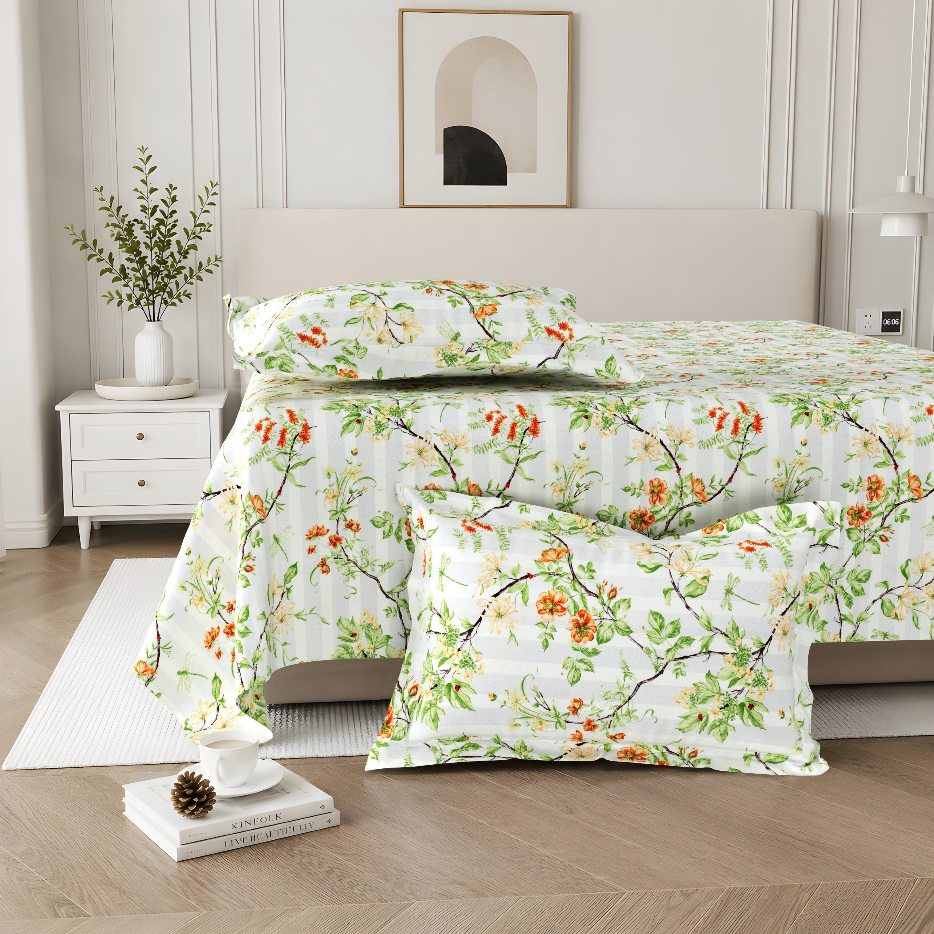 Lotus Queen Bedsheet with 2 Pillow Covers 100% Cotton 120 TC Floral Stripe Green