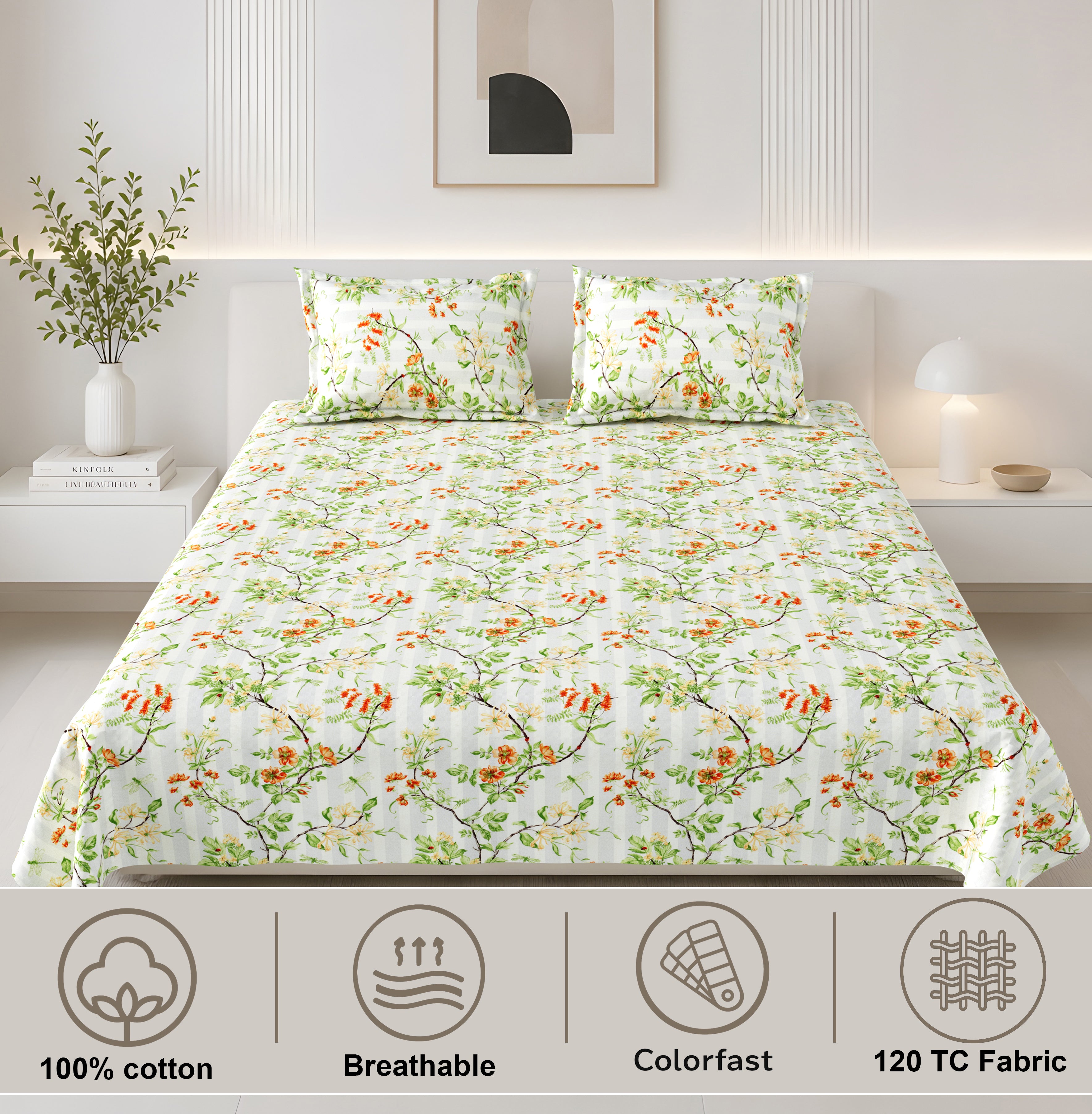 Lotus Queen Bedsheet with 2 Pillow Covers 100% Cotton 120 TC Floral Stripe Green