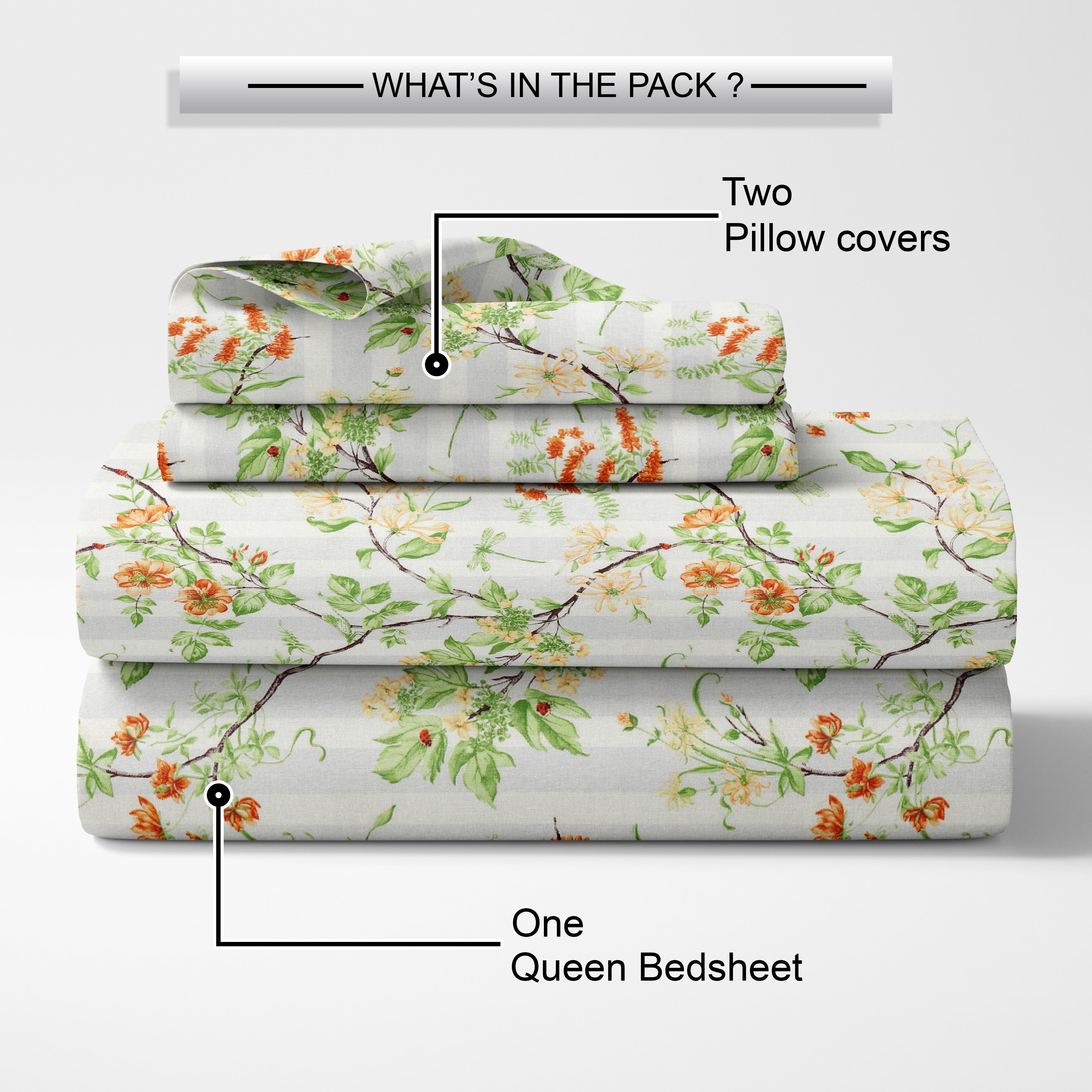 Lotus Queen Bedsheet with 2 Pillow Covers 100% Cotton 120 TC Floral Stripe Green