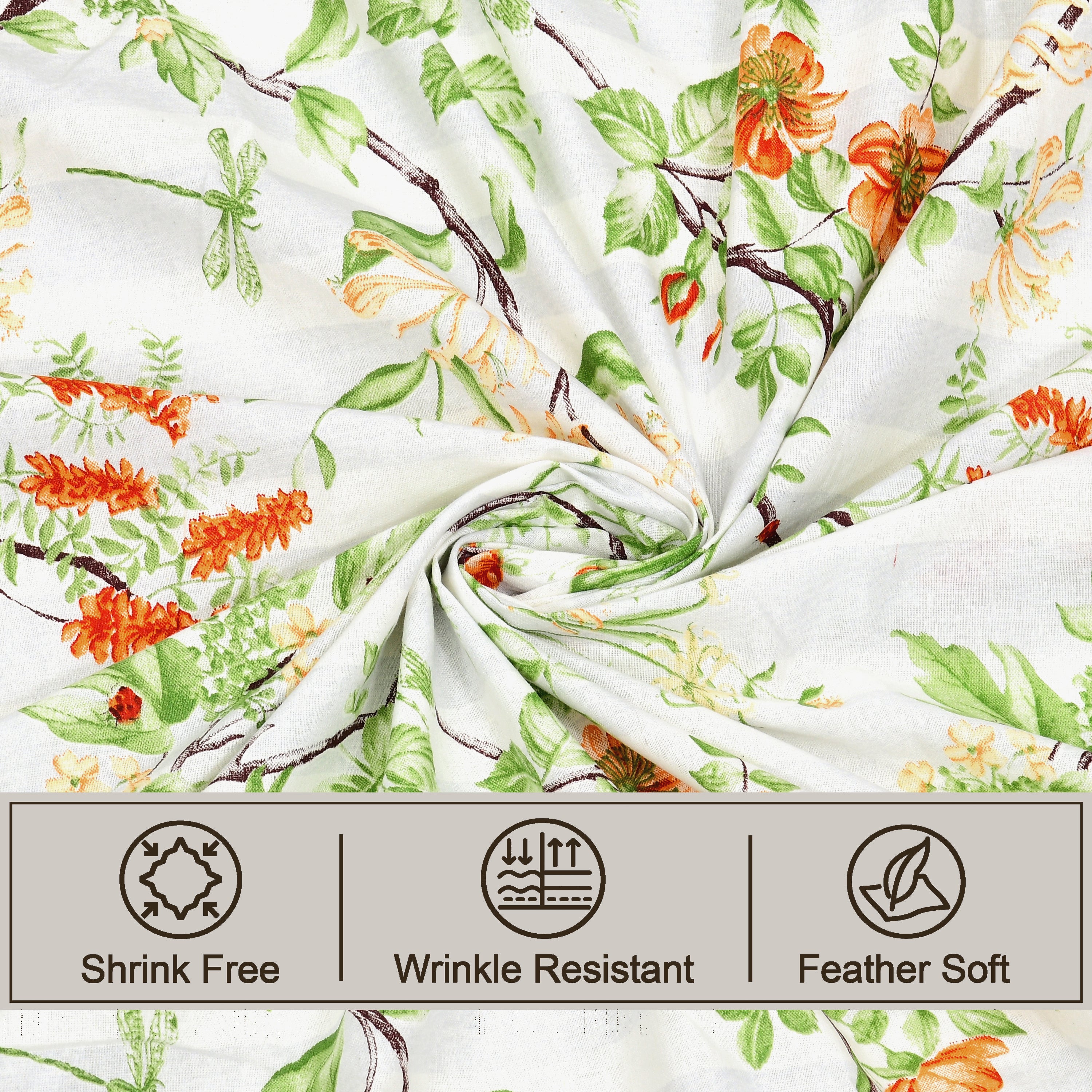 Lotus Queen Fitted Sheet with 2 Pillow Covers 100% Cotton 120 TC Floral Stripe Green