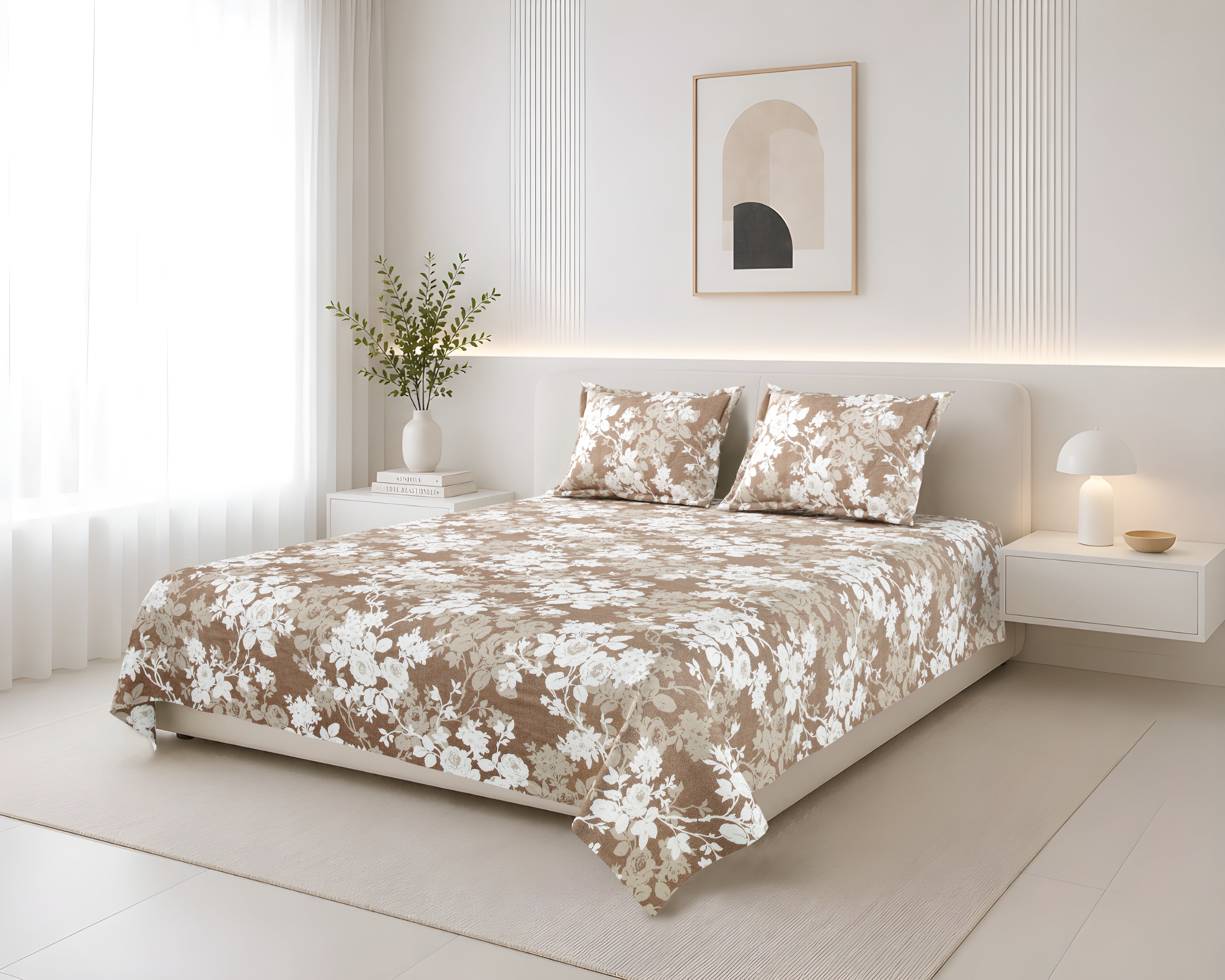 Lotus Queen Bedsheet with 2 Pillow Covers 100% Cotton 120 TC Rose Bouquet Brown