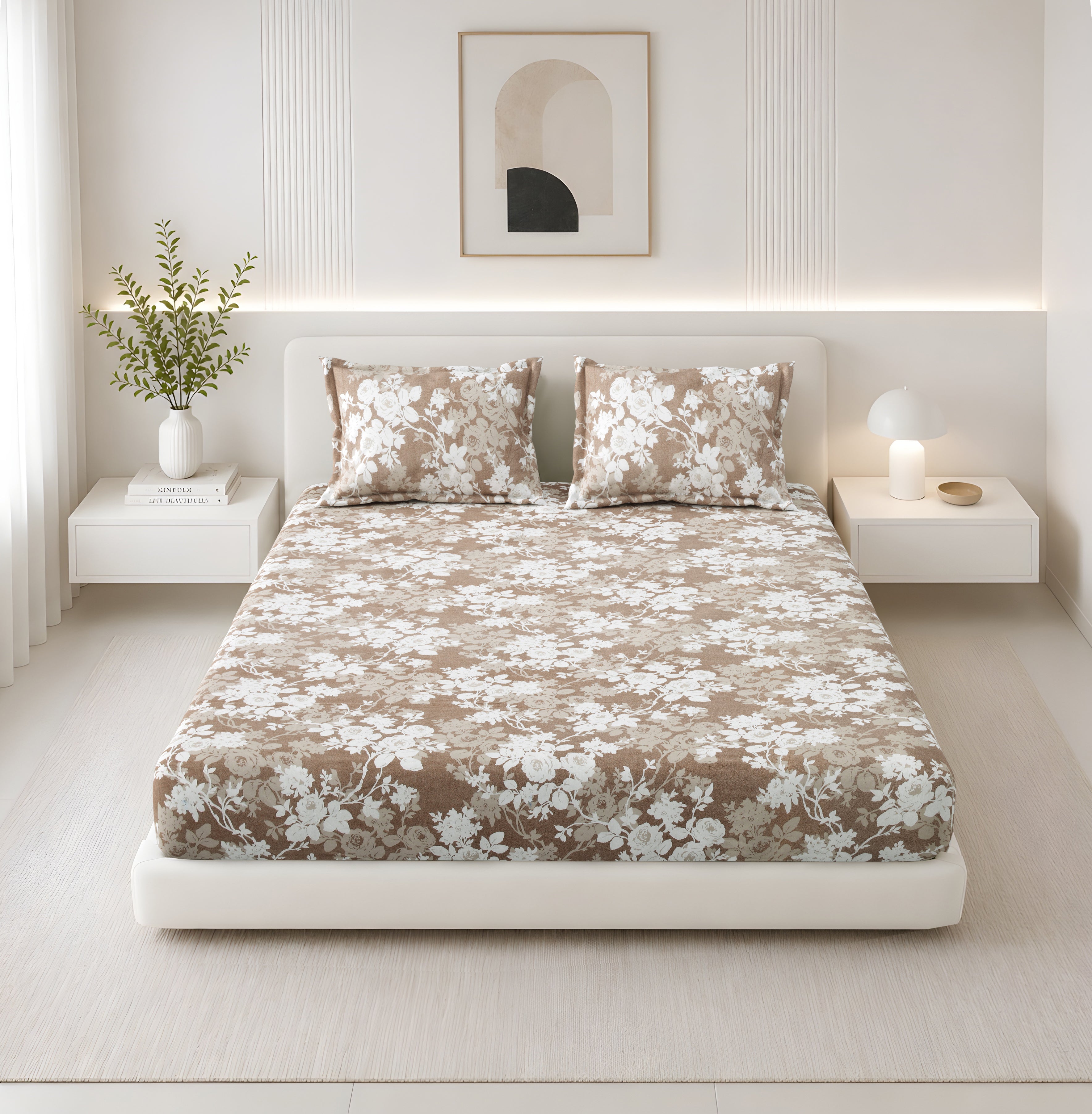 Lotus Queen Fitted Sheet with 2 Pillow Covers 100% Cotton 120 TC Rose Bouquet Brown