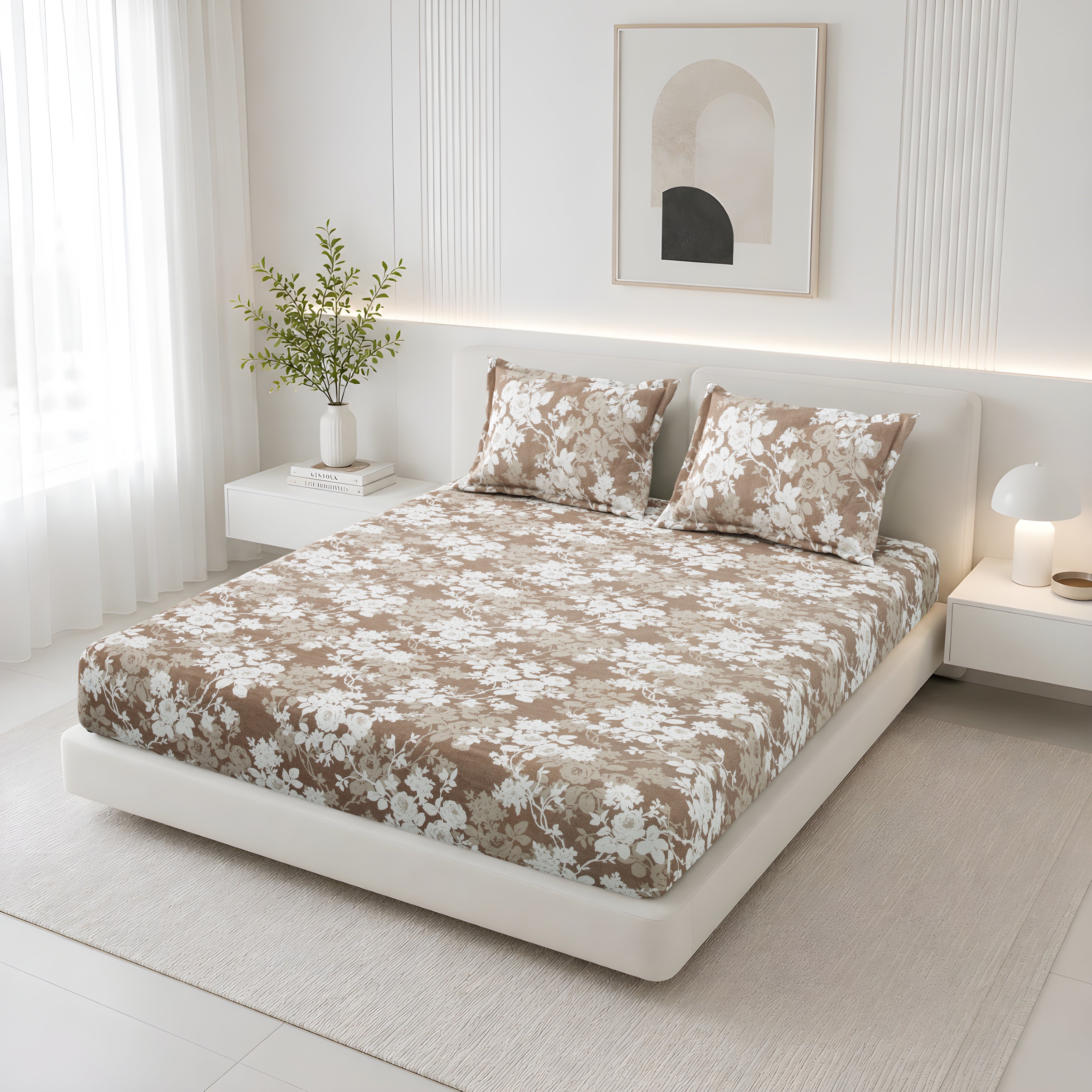 Lotus Queen Fitted Sheet with 2 Pillow Covers 100% Cotton 120 TC Rose Bouquet Brown
