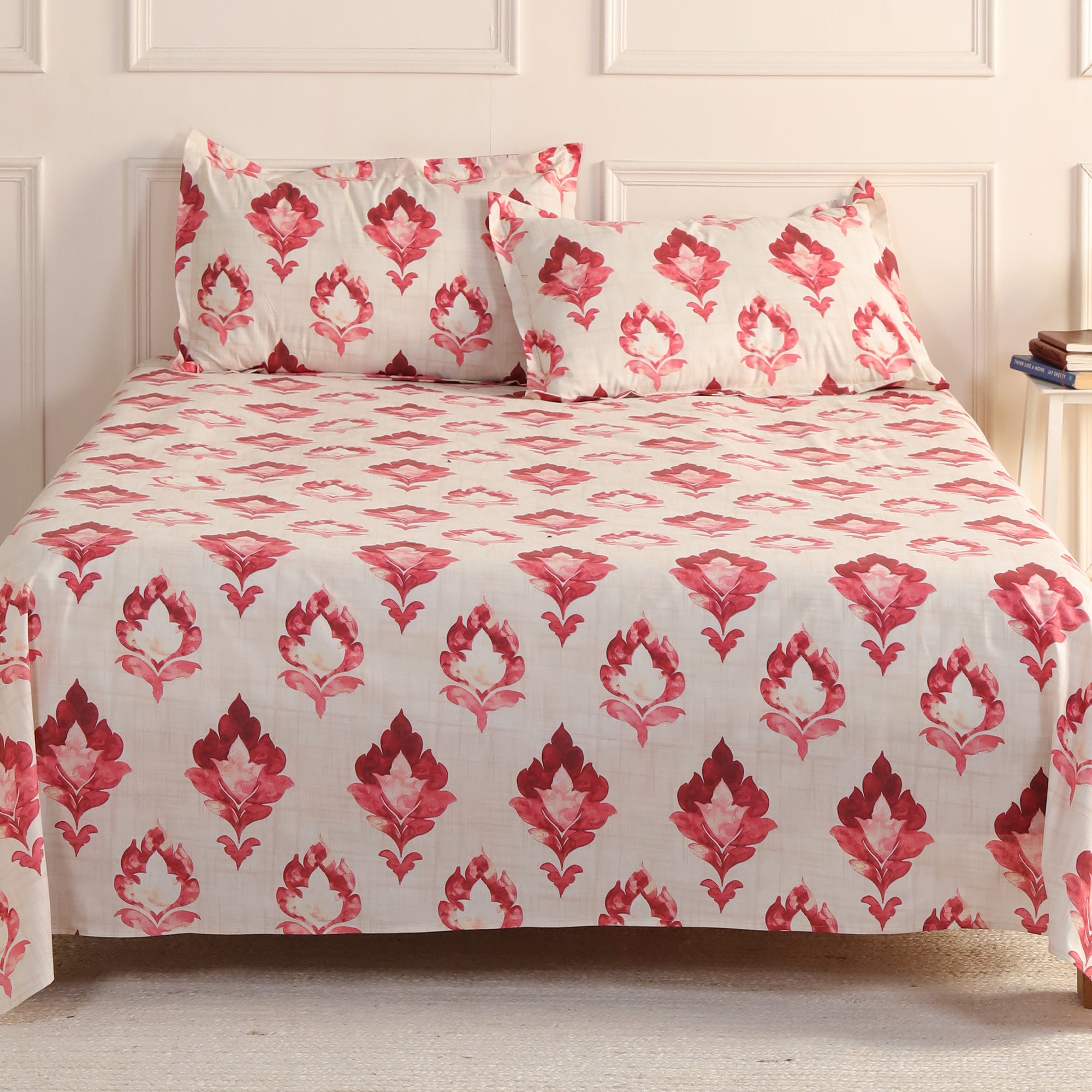 Lotus Queen Bedsheet with 2 Pillow Covers 100% Cotton 120 TC Classic Indian Red