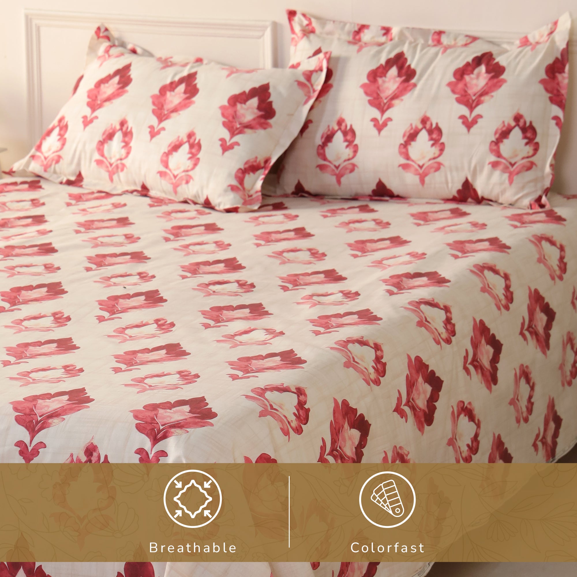 Lotus Queen Bedsheet with 2 Pillow Covers 100% Cotton 120 TC Classic Indian Red