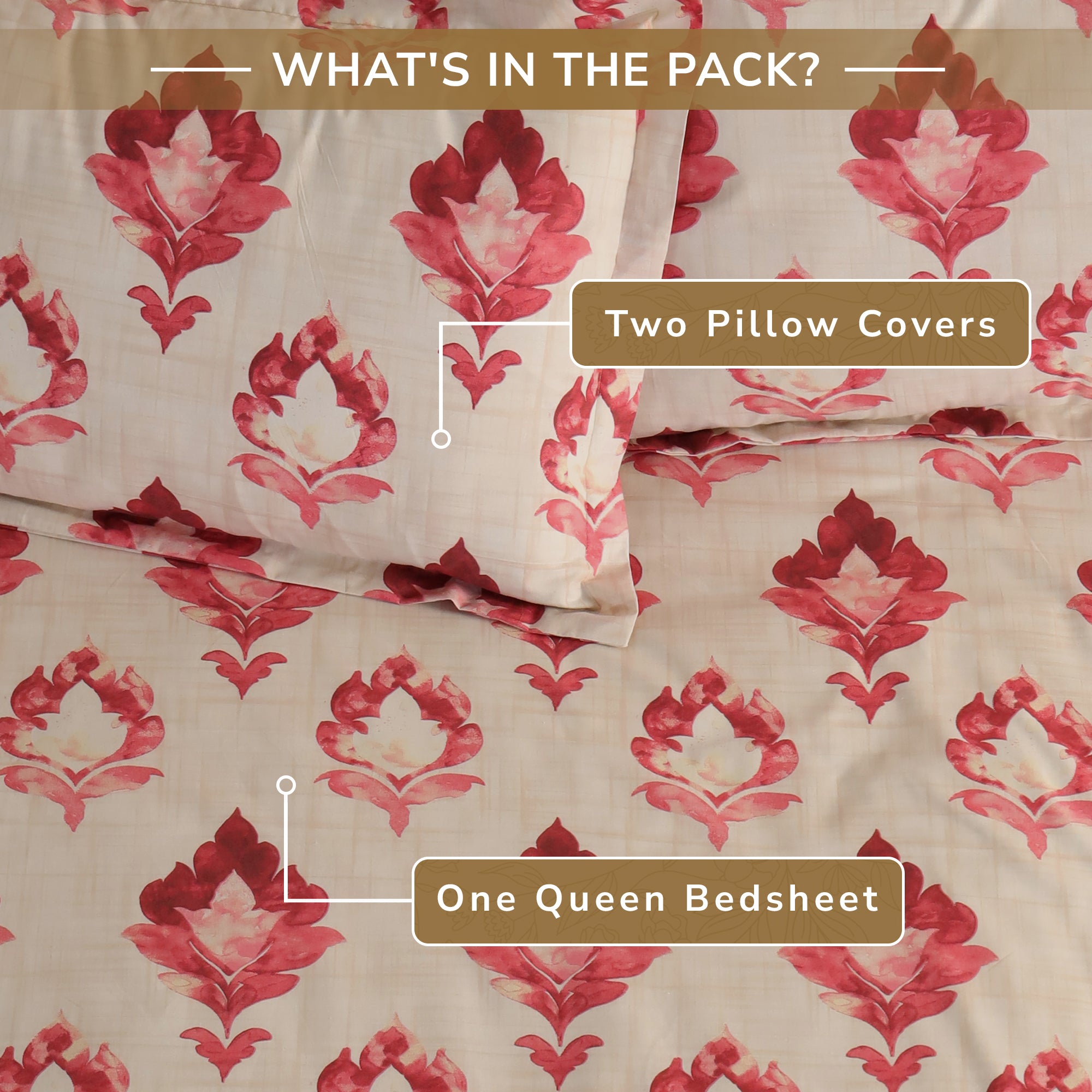 Lotus Queen Bedsheet with 2 Pillow Covers 100% Cotton 120 TC Classic Indian Red