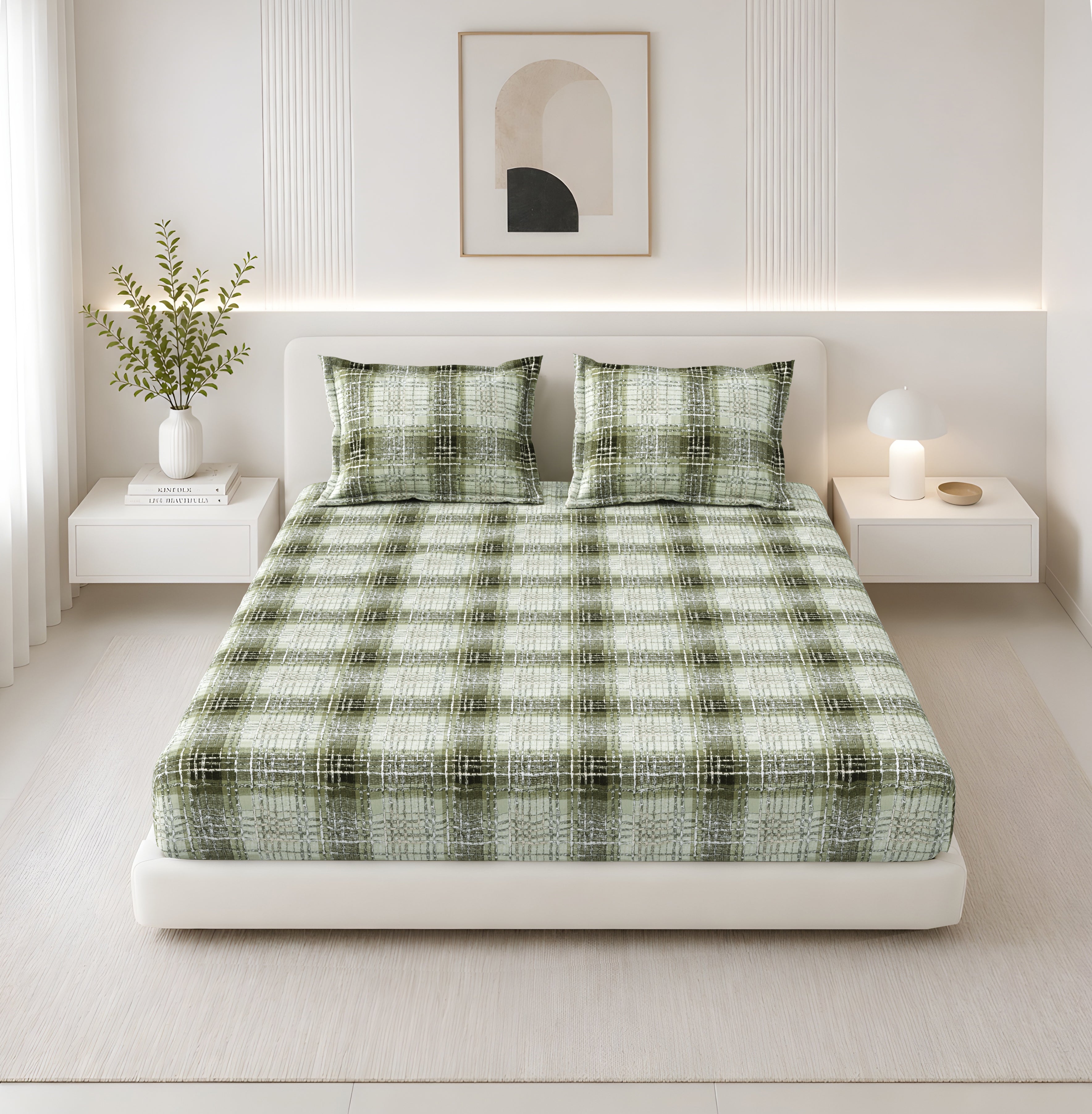 Lotus Queen Fitted Sheet with 2 Pillow Covers 100% Cotton 120 TC Textured Geometric Grey