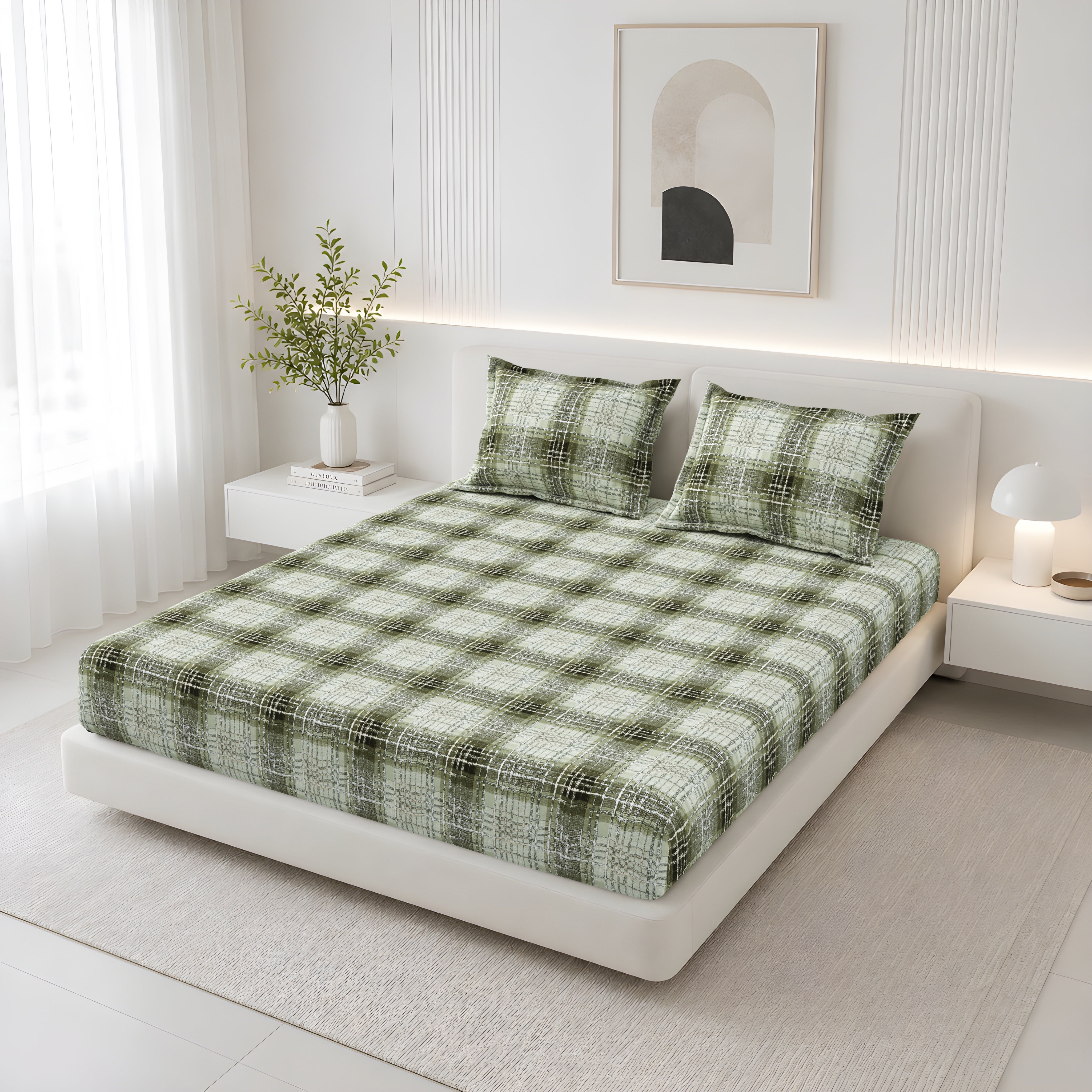 Lotus Queen Fitted Sheet with 2 Pillow Covers 100% Cotton 120 TC Textured Geometric Grey