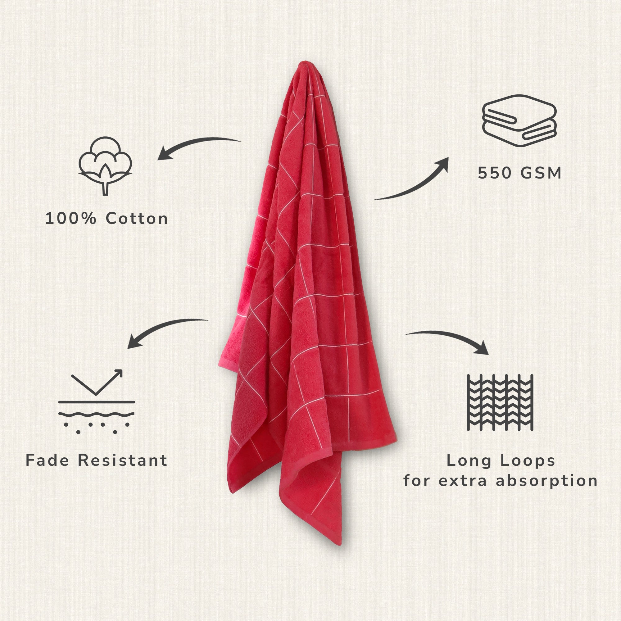 Jasmine Bath Towel 100% Cotton 365 GSM Classic Check Coral
