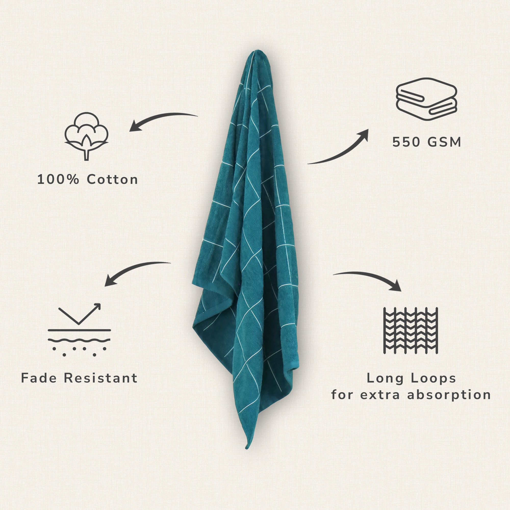 Jasmine Bath Towel 100% Cotton 365 GSM Classic Check Teal