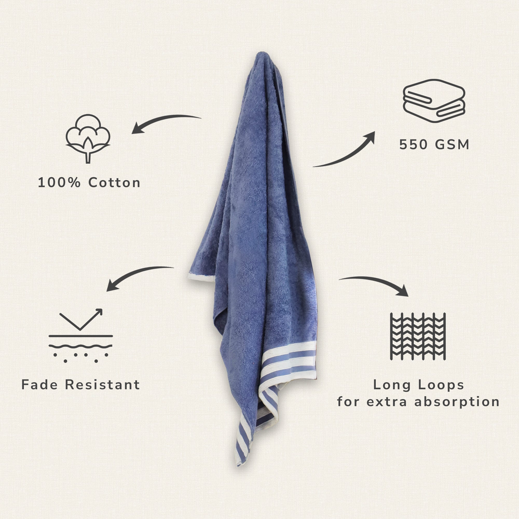 Lily Bath Towel Large 100% Cotton 550 GSM White Border Ice Blue Long Pile