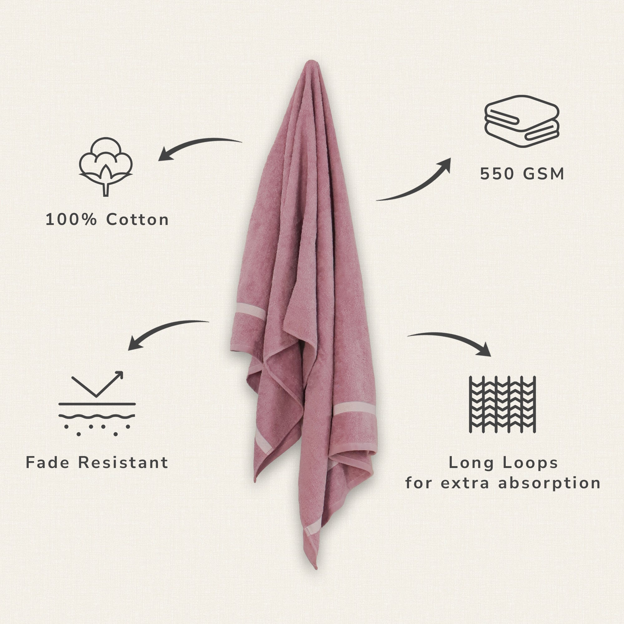 Daisy Bath Towel 100% Cotton 360 GSM Single Border Mauve