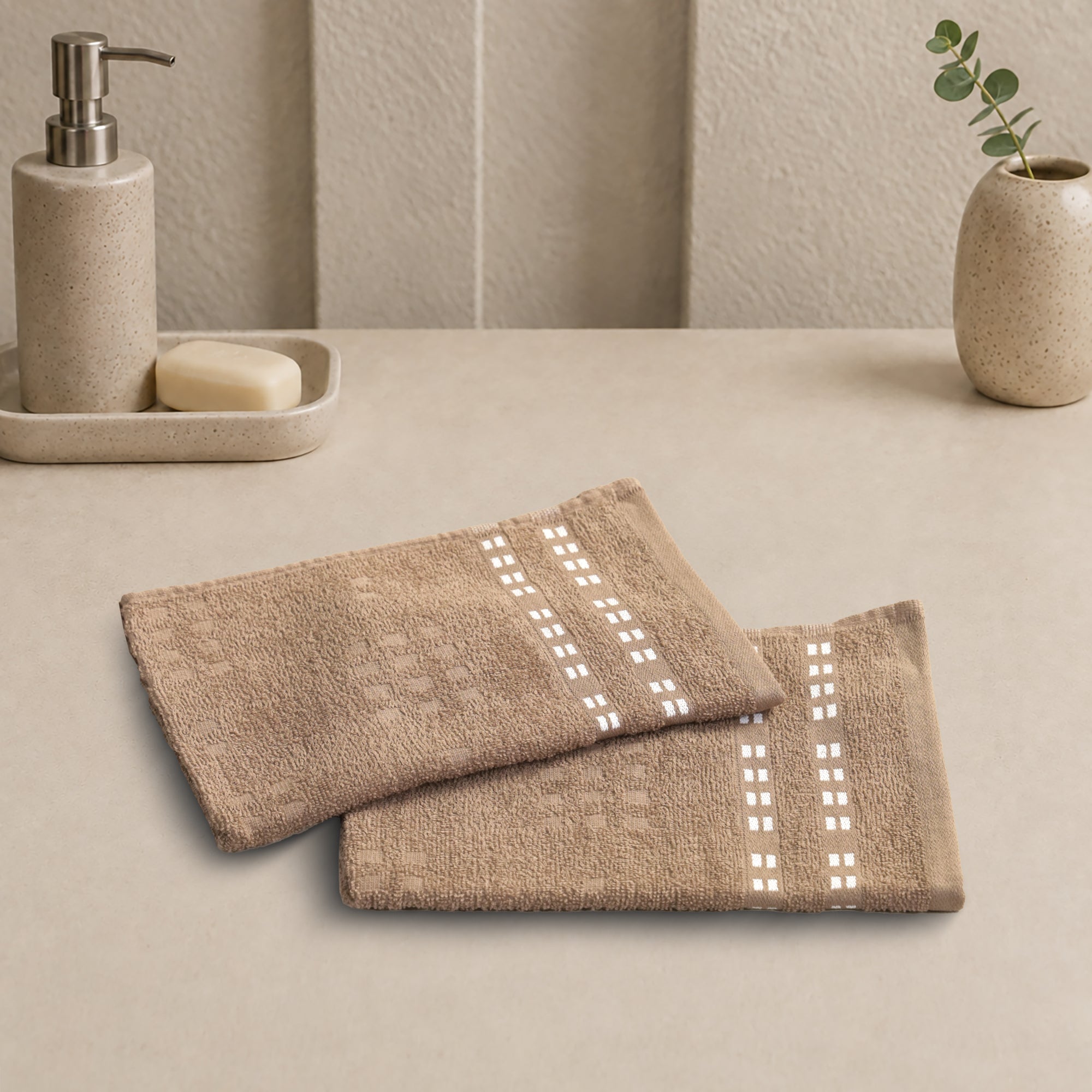 Lotus Hand Towel (Set of 2) 100% Cotton 365 GSM Sculpted Border Beige
