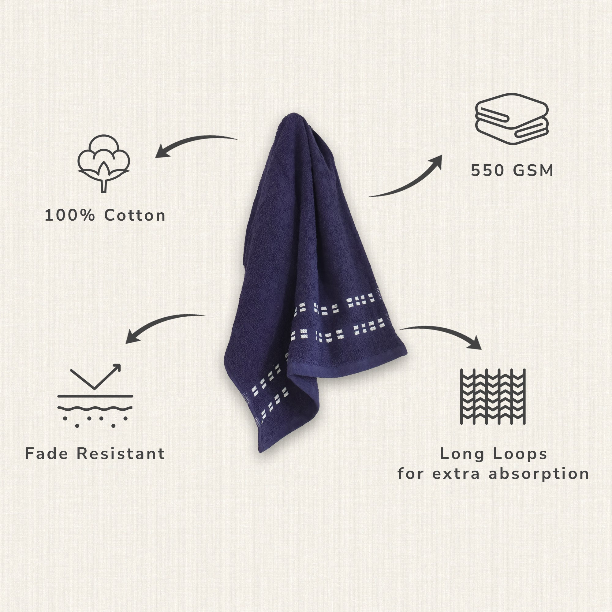 Lotus Hand Towel (Set of 2) 100% Cotton 365 GSM Sculpted Border Navy