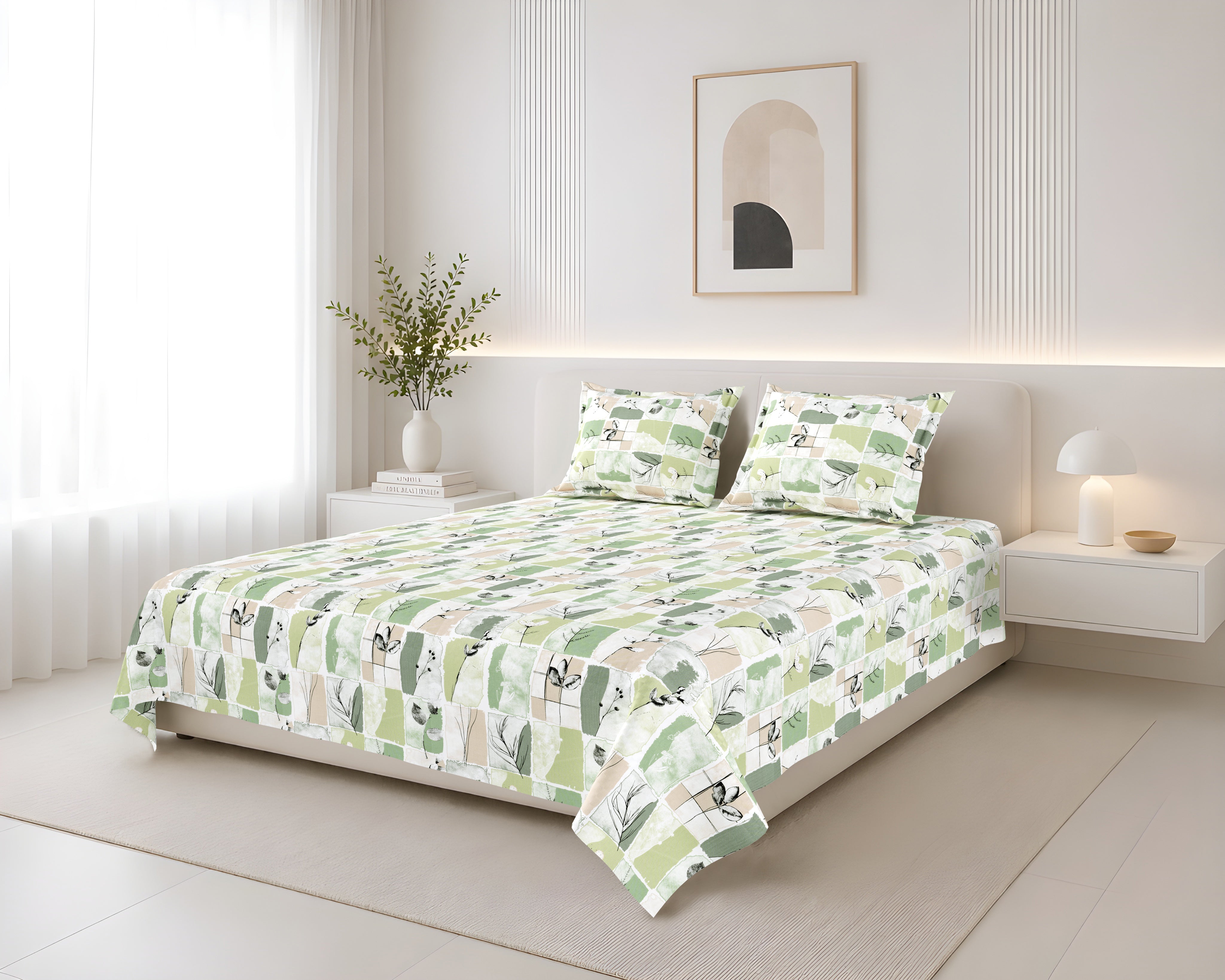 Lily King Bedsheet with 2 Pillow Covers 100% Cotton 180 TC Twill Weave Modern Floral Green