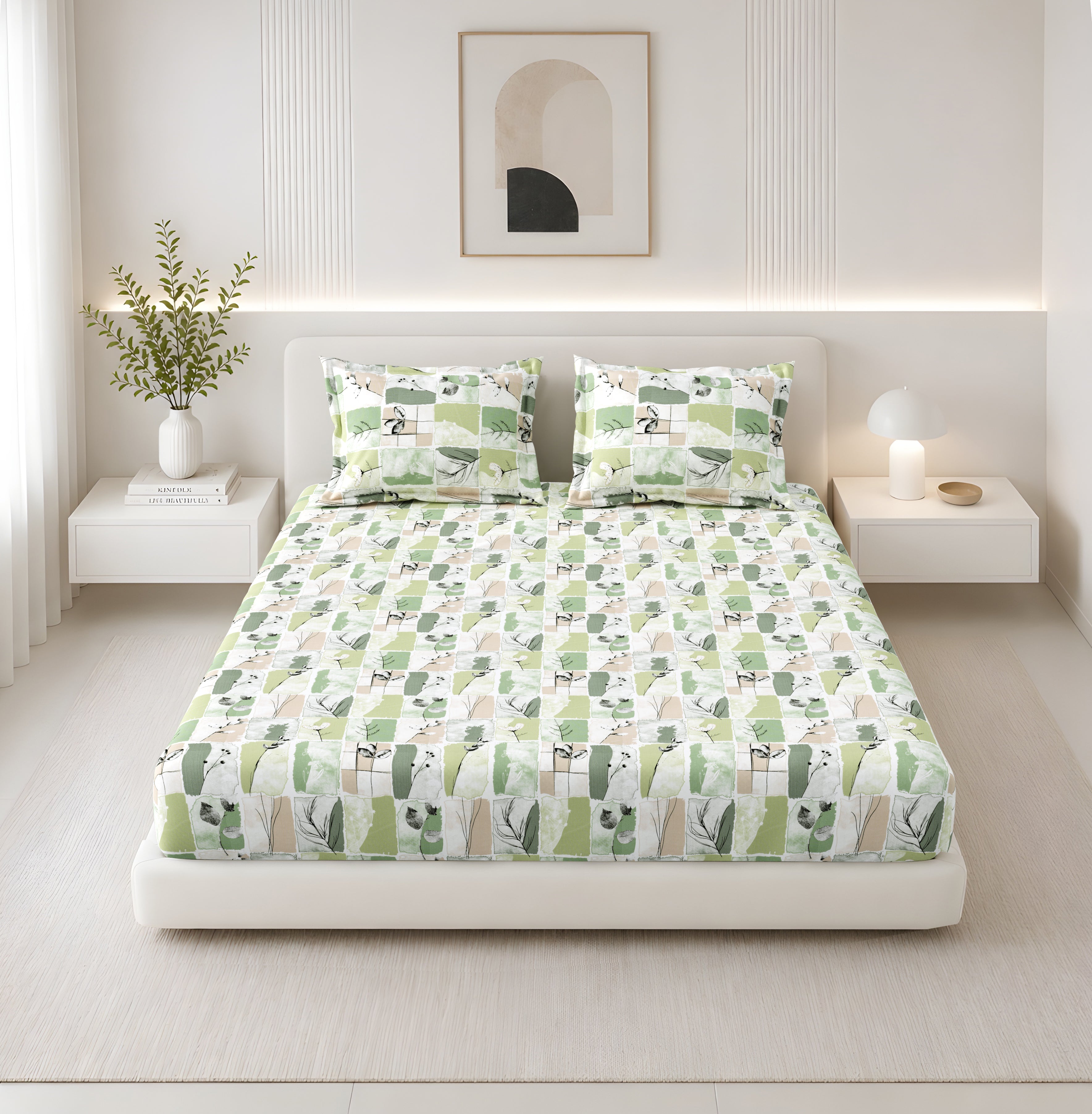 Lily Queen Fitted Sheet with 2 Pillow Covers 100% Cotton 180 TC Twill Weave Modern Floral Green