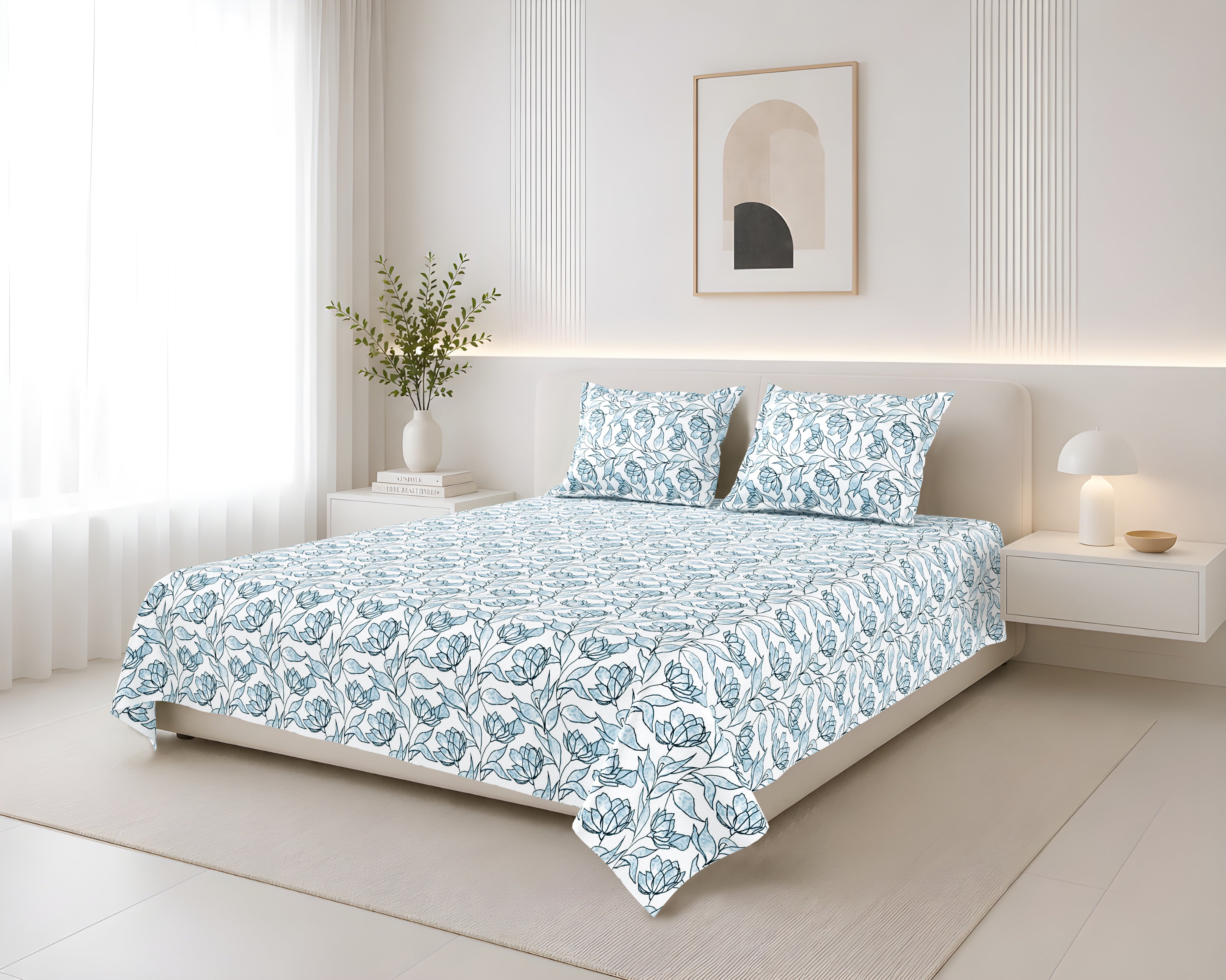 Lily King Bedsheet with 2 Pillow Covers 100% Cotton 180 TC Twill Weave Orient Bell Blue