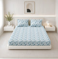 Lily Queen Fitted Sheet with 2 Pillow Covers 100% Cotton 180 TC Twill Weave Orient Bell Blue