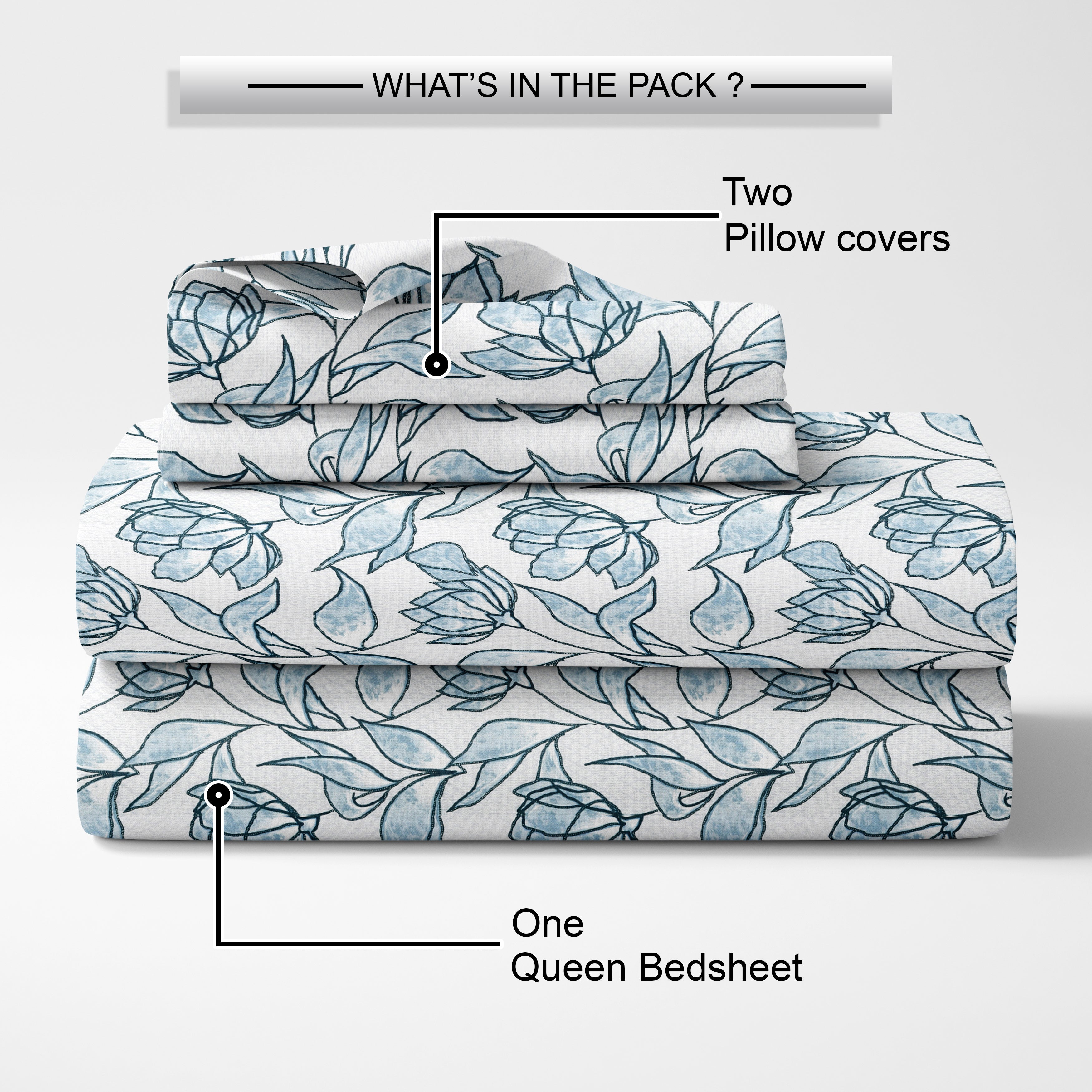 Lily Queen Fitted Sheet with 2 Pillow Covers 100% Cotton 180 TC Twill Weave Orient Bell Blue
