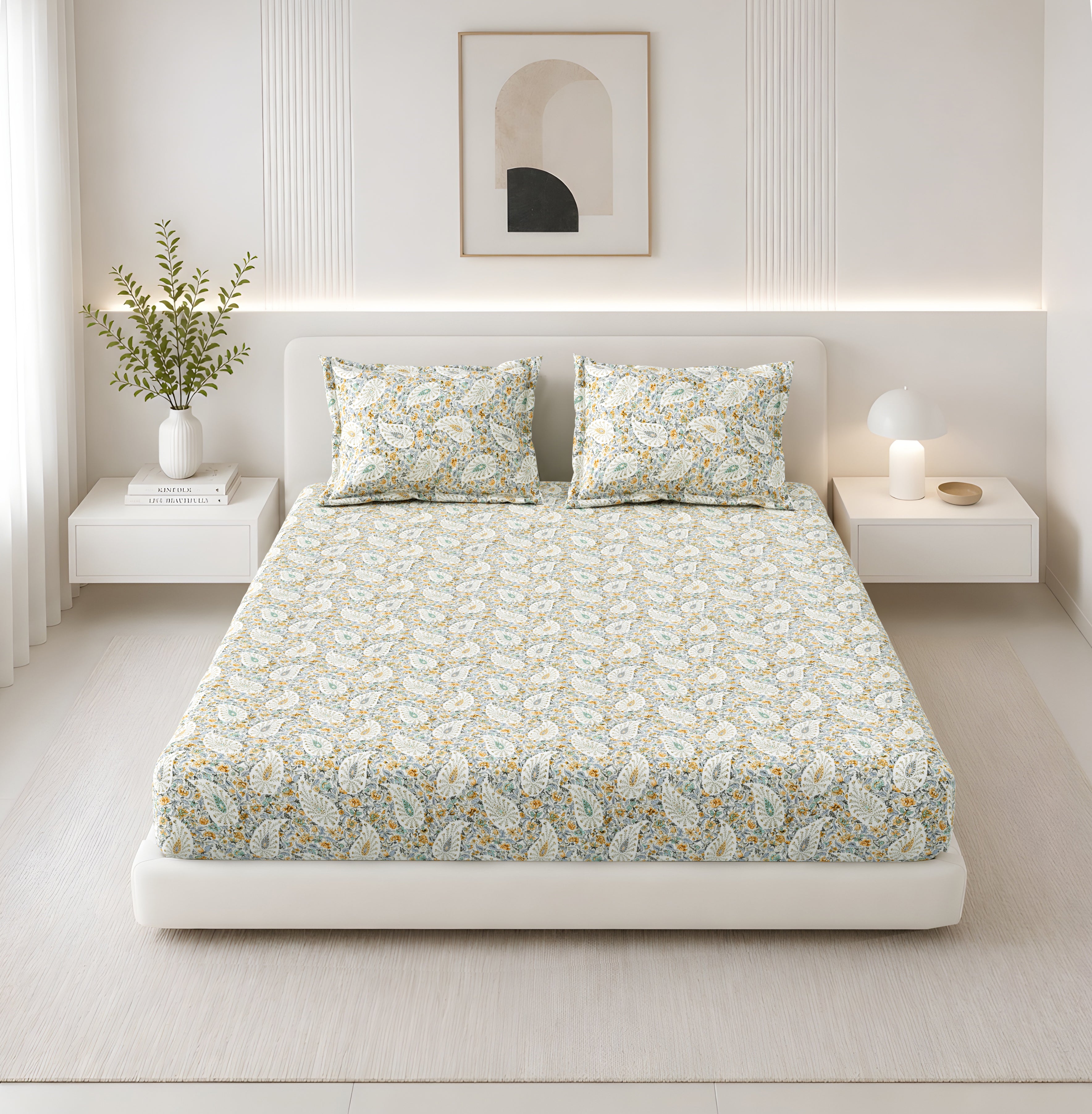 Lily King Fitted Sheet with 2 Pillow Covers 100% Cotton 180 TC Twill Weave Indian Paisley Blue