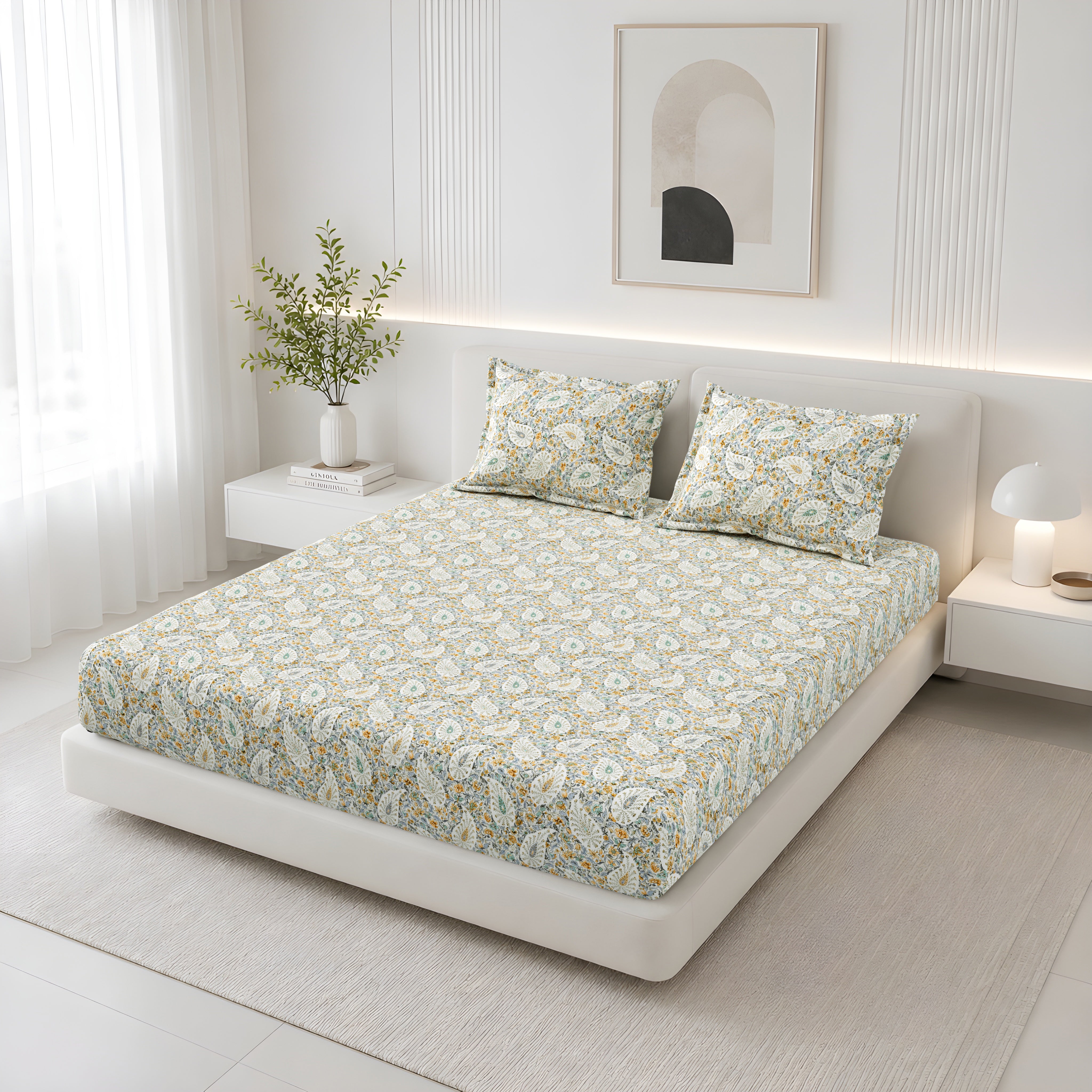 Lily Queen Fitted Sheet with 2 Pillow Covers 100% Cotton 180 TC Twill Weave Indian Paisley Blue