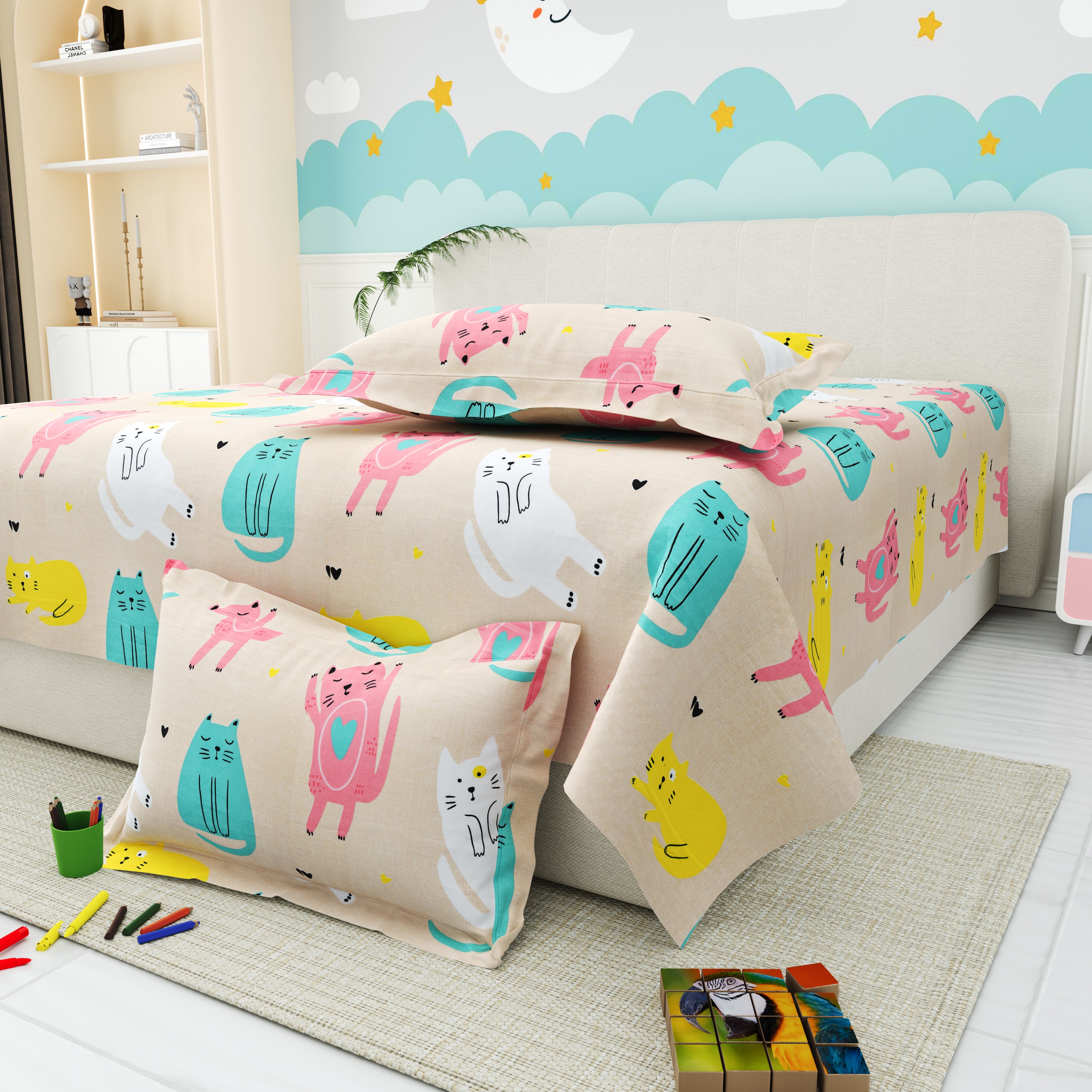 Little Joy Queen Bedsheet with 2 Pillow Covers 130 GSM Micropeach Fun Kitty Beige